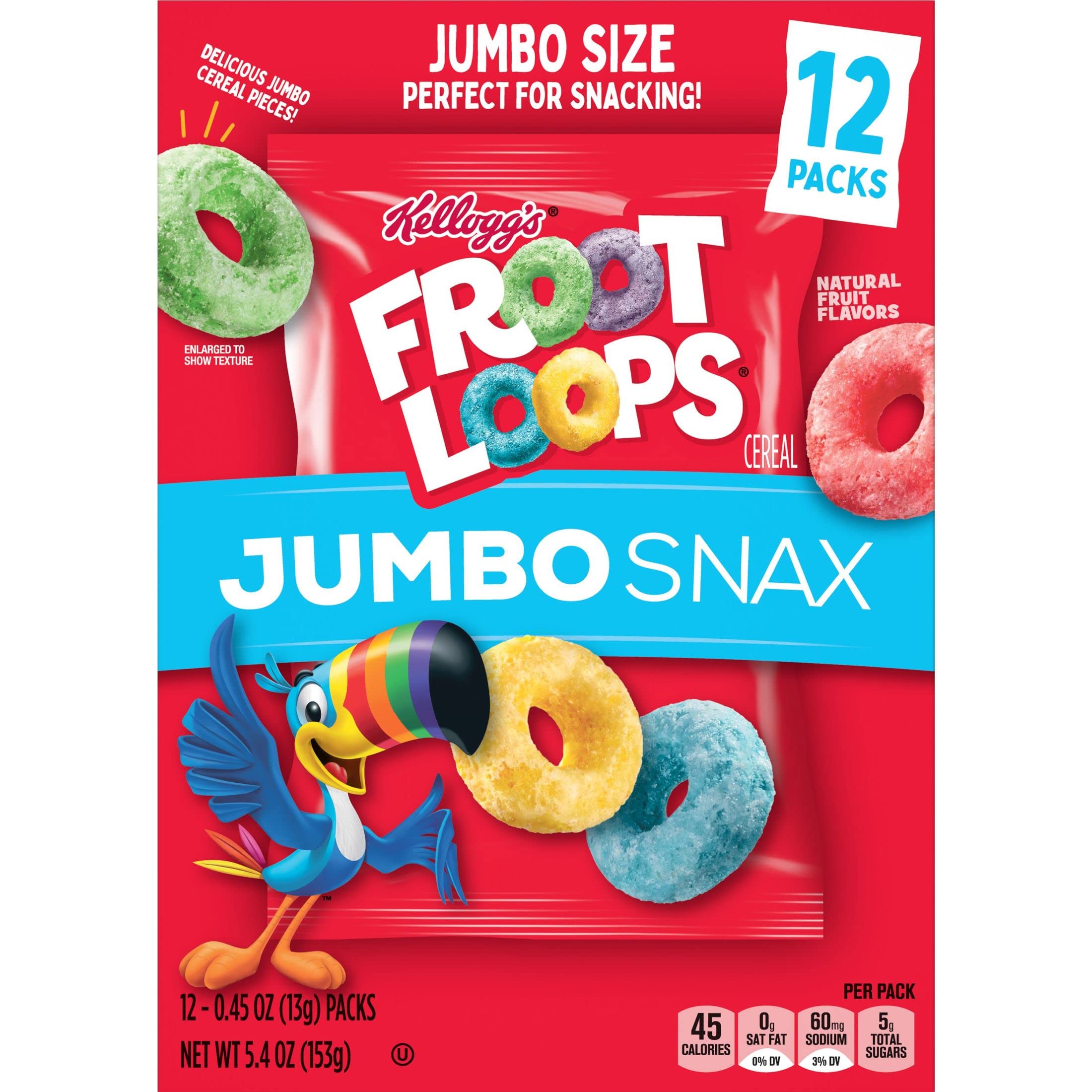 Froot Loops Jumbo Snax Cereal Snacks - 48 Fruit-Flavored Pouches (4 Boxes) | Kids Lunchbox Snacks, On-the-Go Breakfast, After-School Treats & Family Pantry Staples
