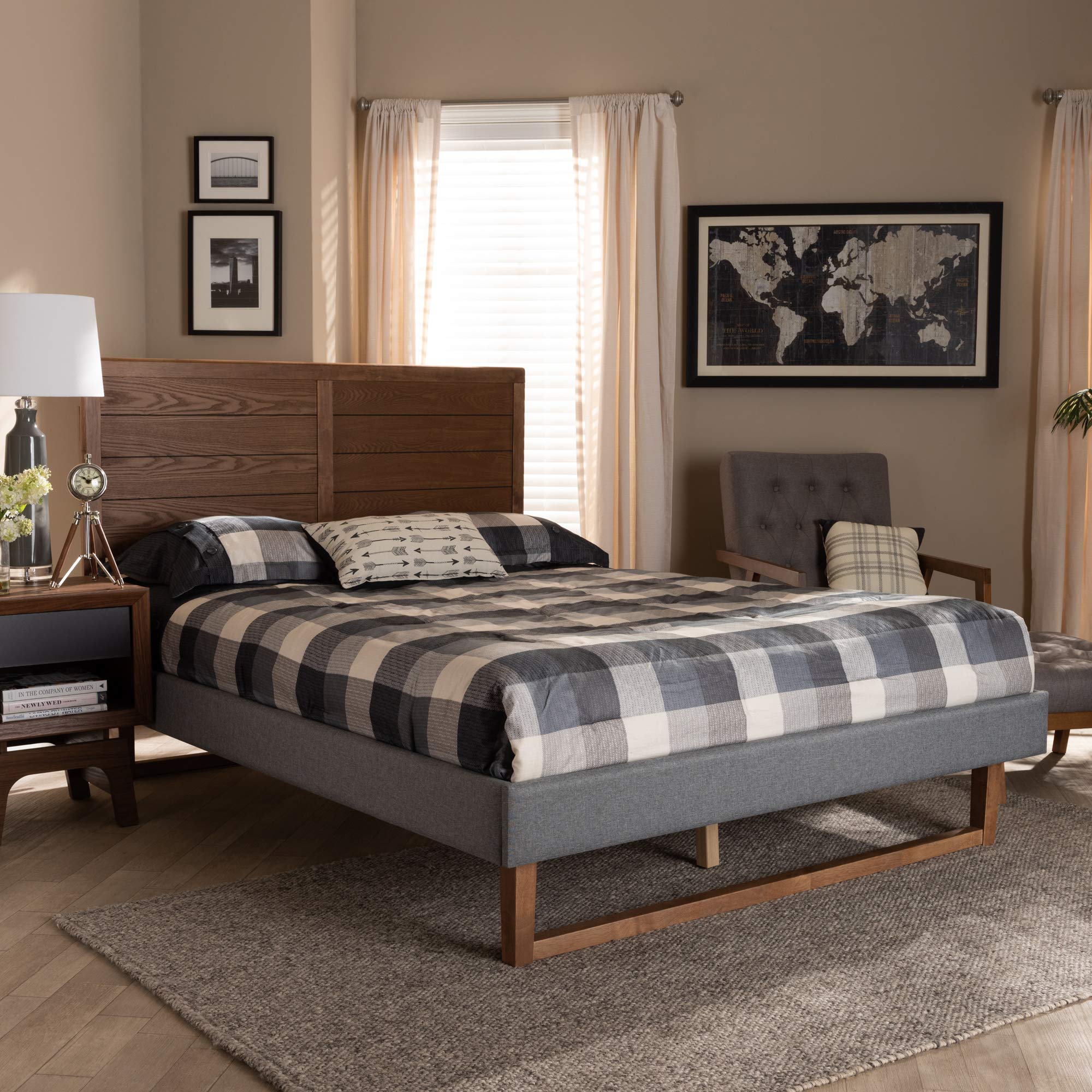Baxton Studio Queen Platform Bed Frame - Dark Grey/Ash Walnut Finish - Modern Minimalist Bedroom Furniture for Small Spaces & Apartment Living