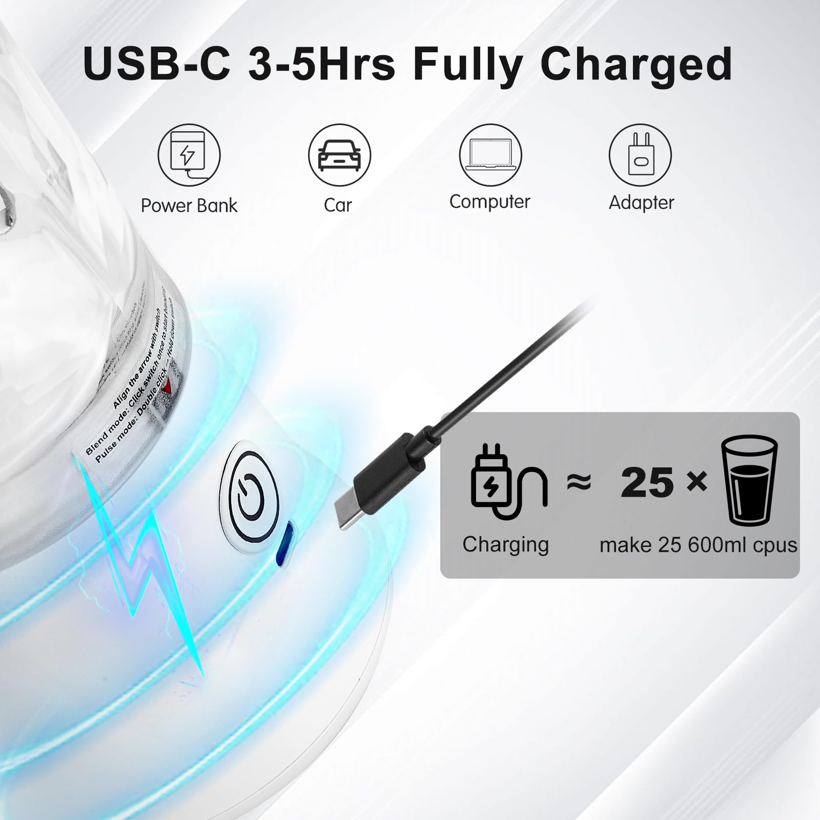 20 oz Personal Portable Blender - BPA Free USB C Rechargeable Smoothie Maker with Travel Lid - Perfect for Smoothies, Protein Shakes & On-the-Go Blending at Home, Gym or Travel