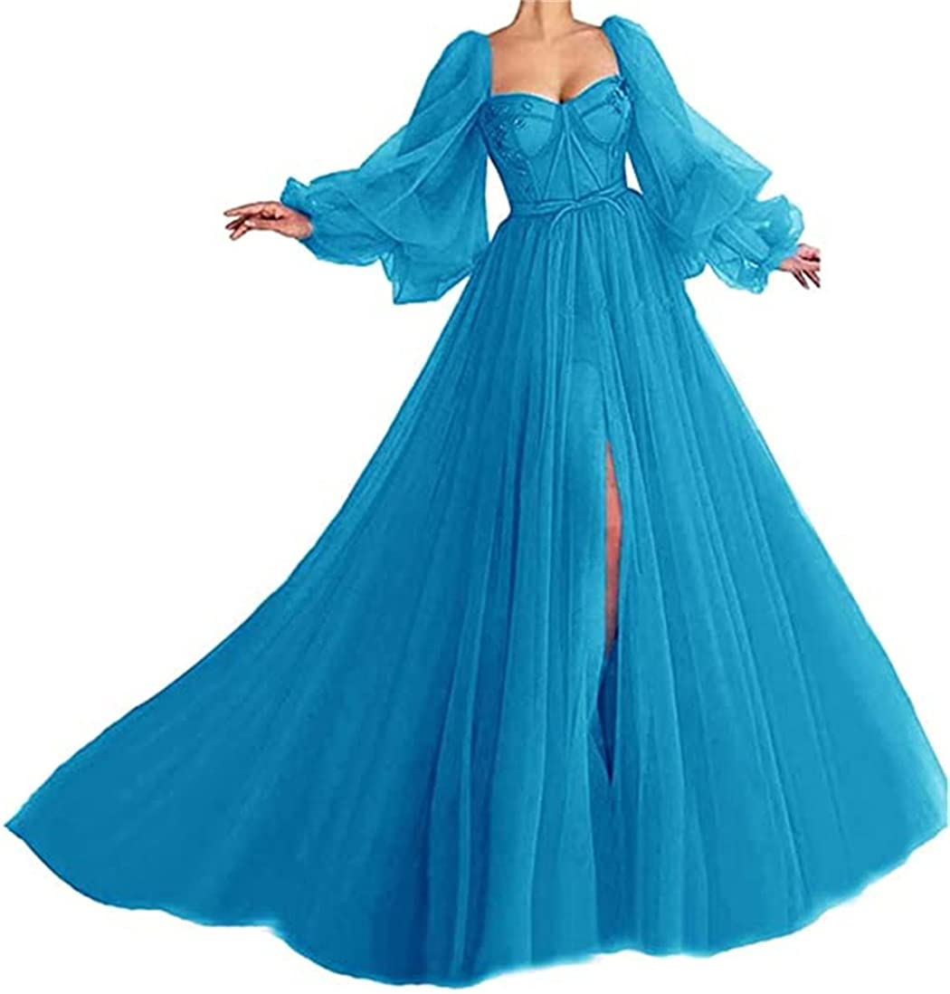 Elegant Puffy Sleeve Prom Dresses for Women - Long Sweetheart Neckline Tulle Ball Gown with Backless Split Design | Perfect for Formal Dances, Weddings & Special Occasions 2023