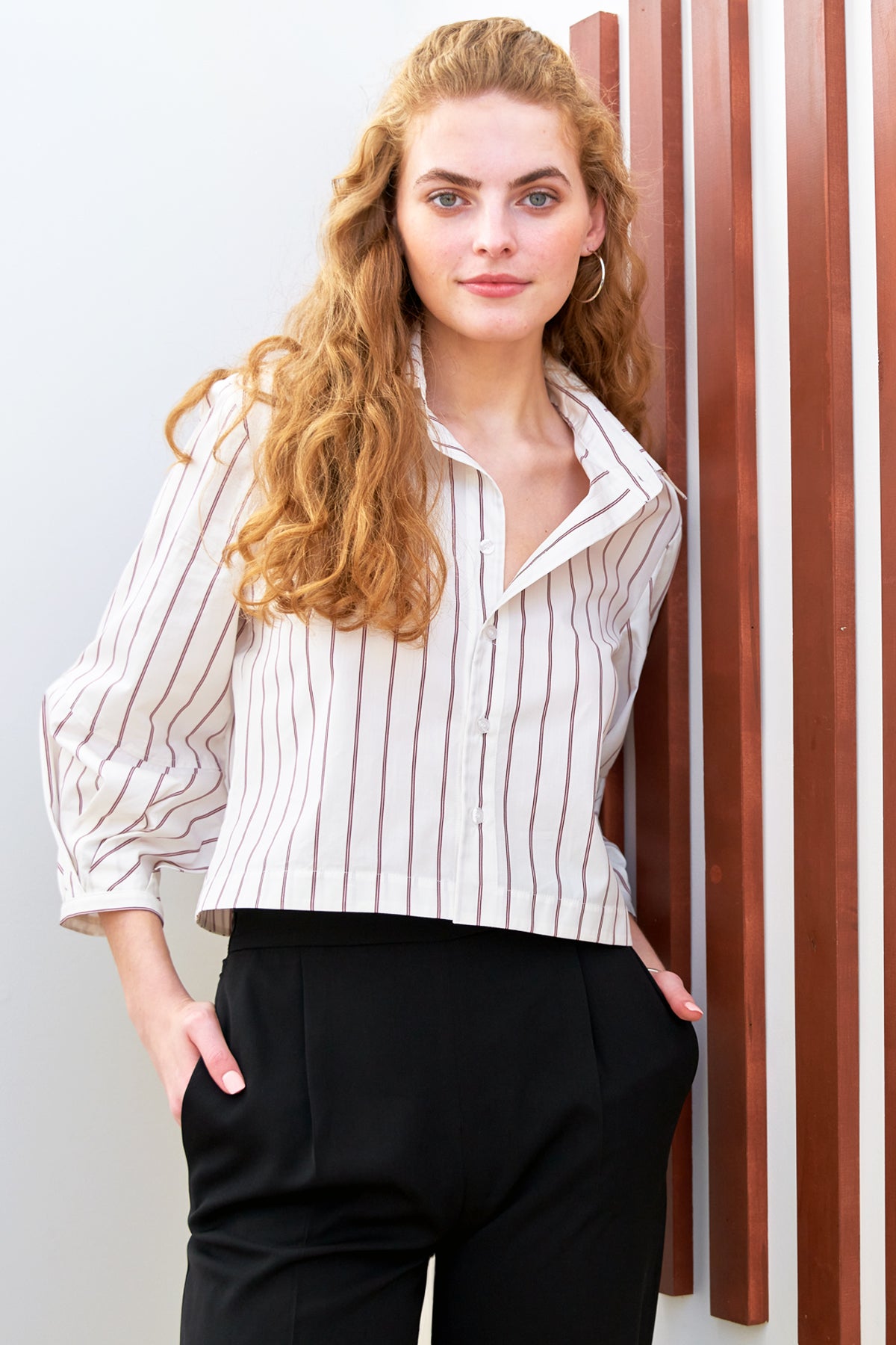 Emmy Pleated Cuff Cropped Poplin Shirt - Blue Pinstripe Women's Fashion Top for Work, Office & Casual Outfits