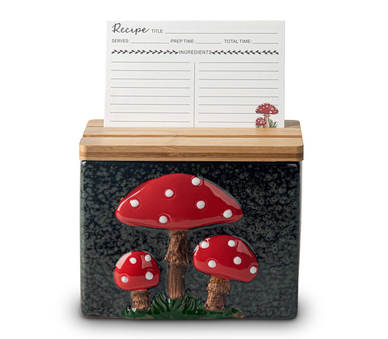 Ceramic Recipe Card Box with Bamboo Lid - Mushroom-Themed Recipe Organizer with Dividers & Recipe Cards - Perfect for Kitchen Storage, Meal Planning, and Gift Giving