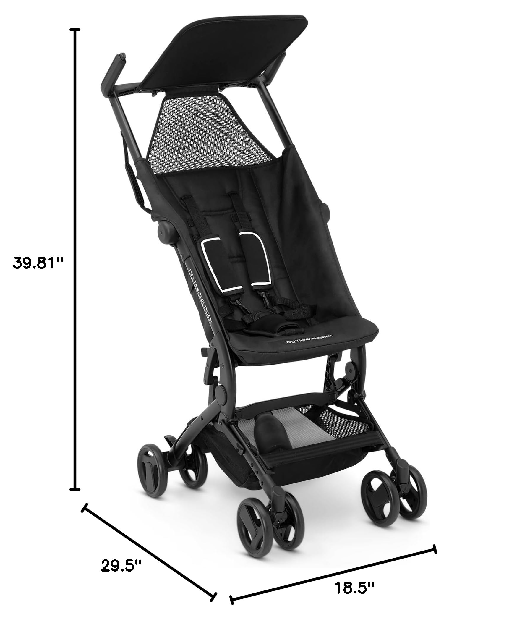 Delta Children Lightweight Compact Folding Travel Stroller - Airplane Approved Carry-On Stroller for Toddlers - Perfect for Air Travel, Shopping & Daily Use - Black