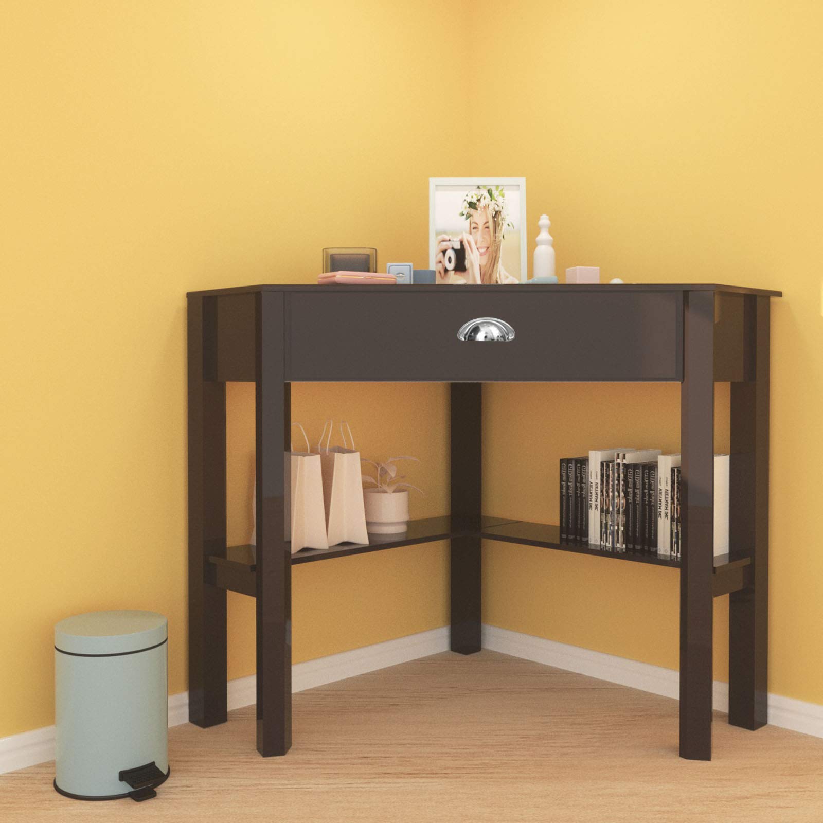 Corner Triangle Computer Desk with Drawer - Compact Home Office Writing Desk with Storage Shelves, Black Laptop PC Table for Small Spaces | Perfect for Home Office, Study & Workstation Setup