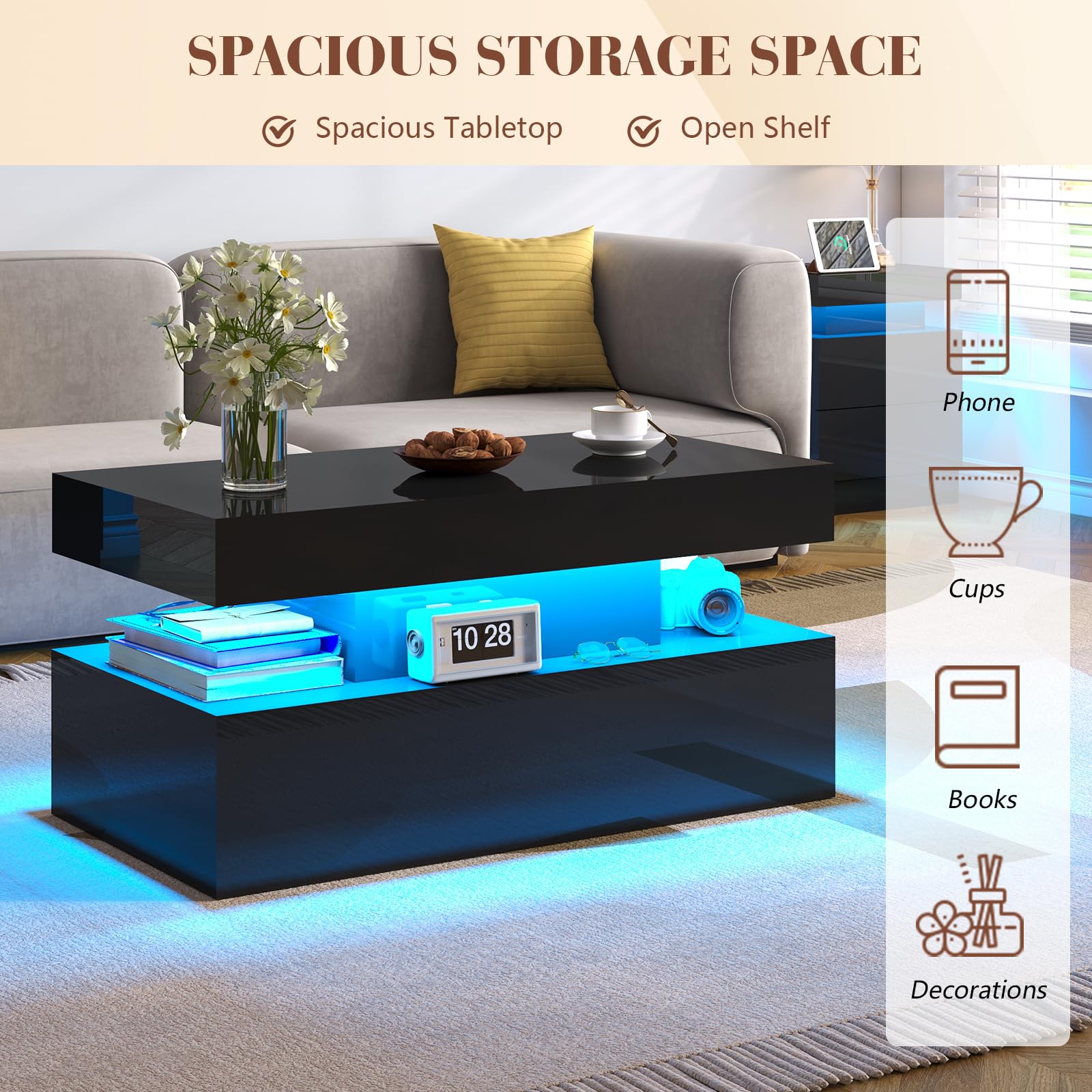Modern 3-Piece High Gloss Coffee Table Set with LED Lights & Storage - Includes 2 End Tables with USB Charging Stations - Perfect for Living Room, Office, or Modern Home Decor - Black Contemporary Furniture Set