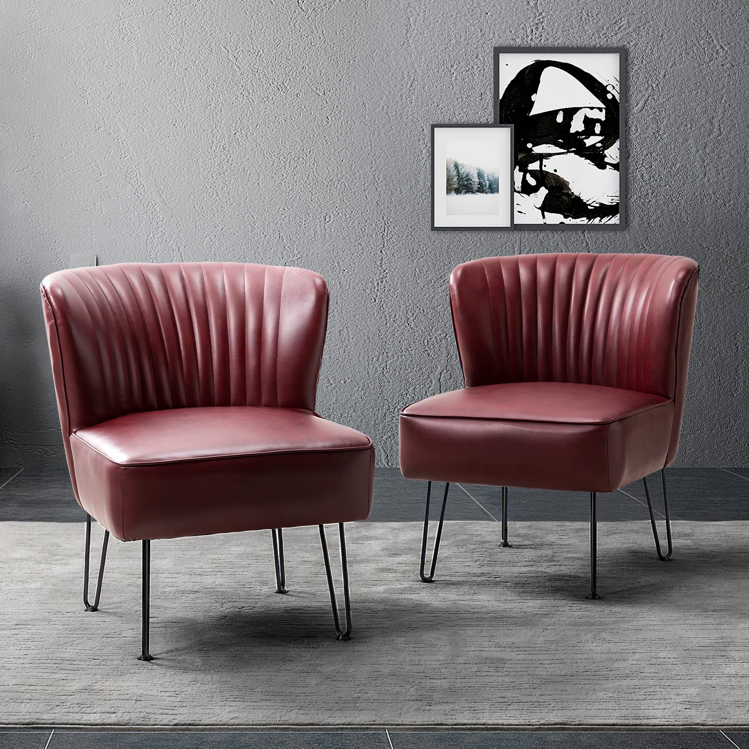 HULALA HOME Faux Leather Accent Chairs Set of 2 - Mid Century Modern Armless Side Chairs with Metal Base, Burgundy Upholstered Living Room & Bedroom Seating - Perfect for Small Spaces, Home Office & Guest Rooms