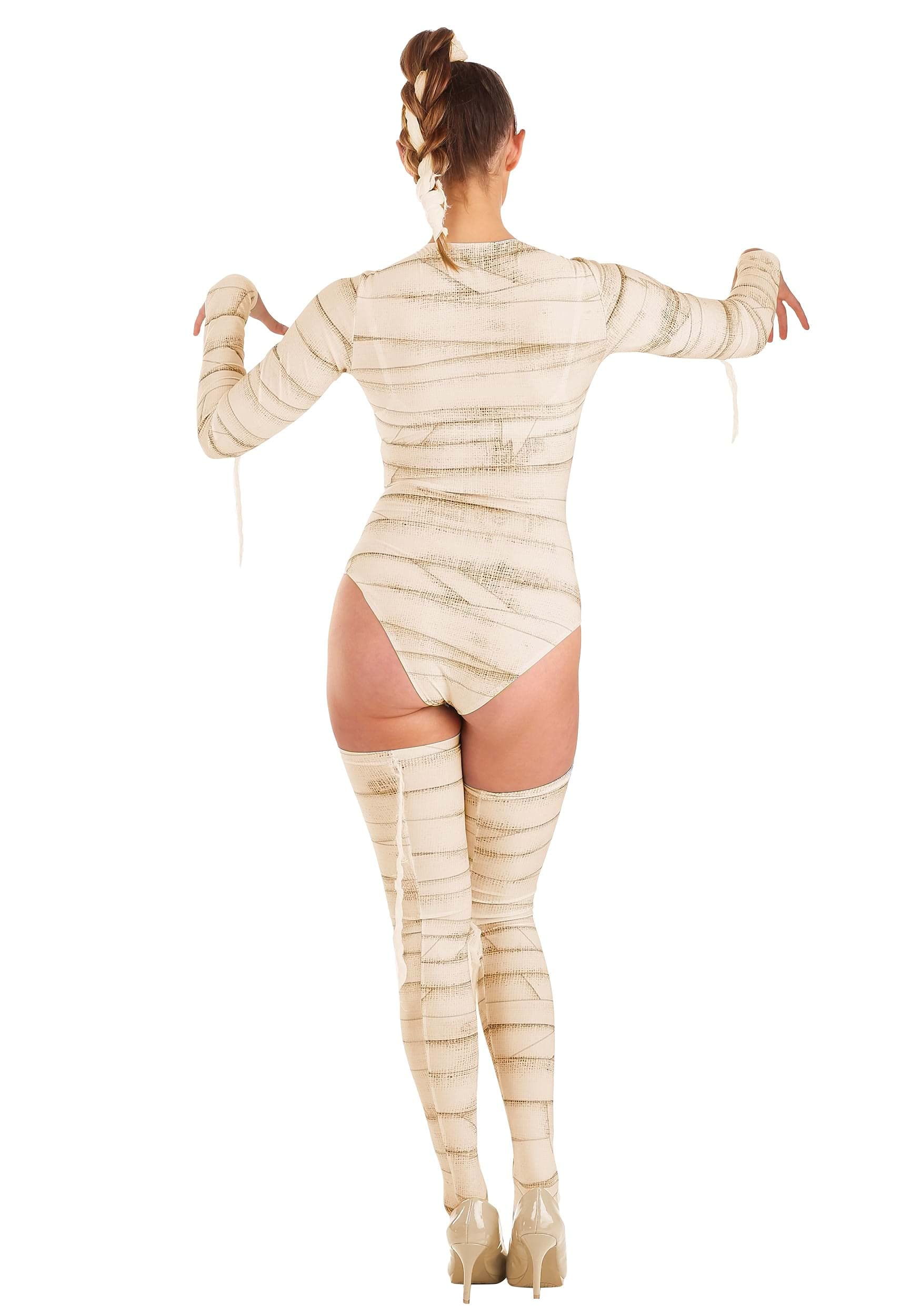 Sexy Mummy Women's Halloween Costume Bodysuit with Garter Straps & Stockings - Printed Spandex & Gauze Outfit for Cosplay, Halloween Party, and Themed Events