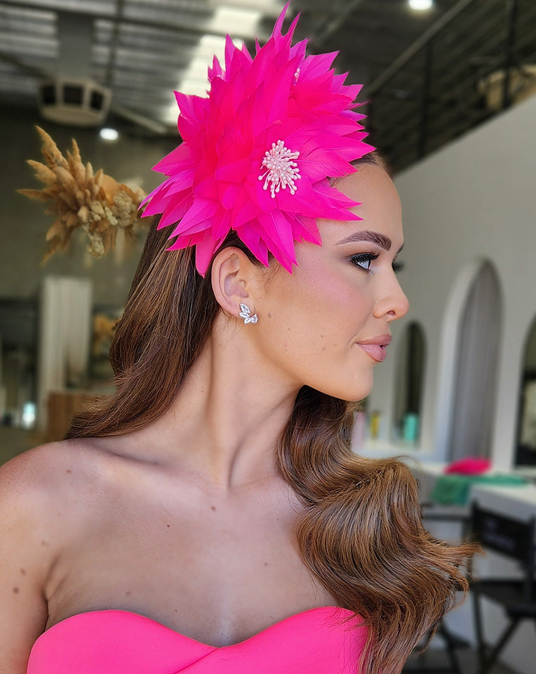 Race Day Crown & Fascinators - Hot Pink Padded Headband with Feather Flowers | Barbie-Inspired Hair Accessories for Weddings, Parties & Derby Events