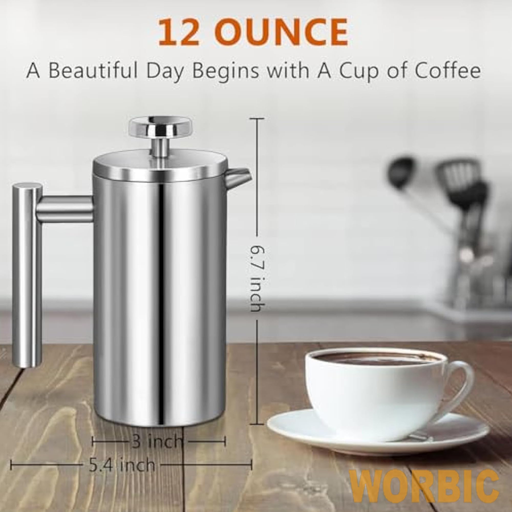 Premium 12oz Stainless Steel French Press Coffee Maker - Double Wall Insulated for Hot Coffee & Tea, Includes 3 Extra Filters + Spoon (Silver), Dishwasher Safe - Perfect for Home, Office, Camping & Travel