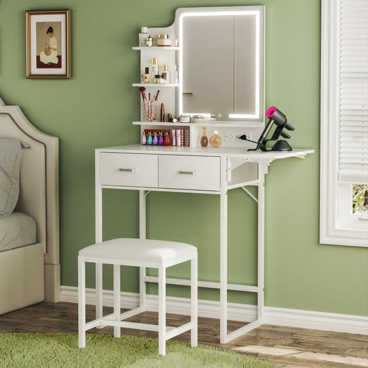 White Makeup Vanity Desk with LED Lights & Mirror - Small Dressing Table with Fabric Storage Drawer, Chair & Shelves - Fold-Up Panel & Power Outlet - Perfect for Bedroom, Dorm Room or Beauty Salon