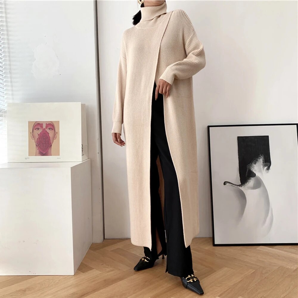 Women's Asymmetrical Hem Turtleneck Sweater - Long Sleeve Loose Knit Pullover for Casual Wear & Office Outfits | Solid Color Winter Fashion Top