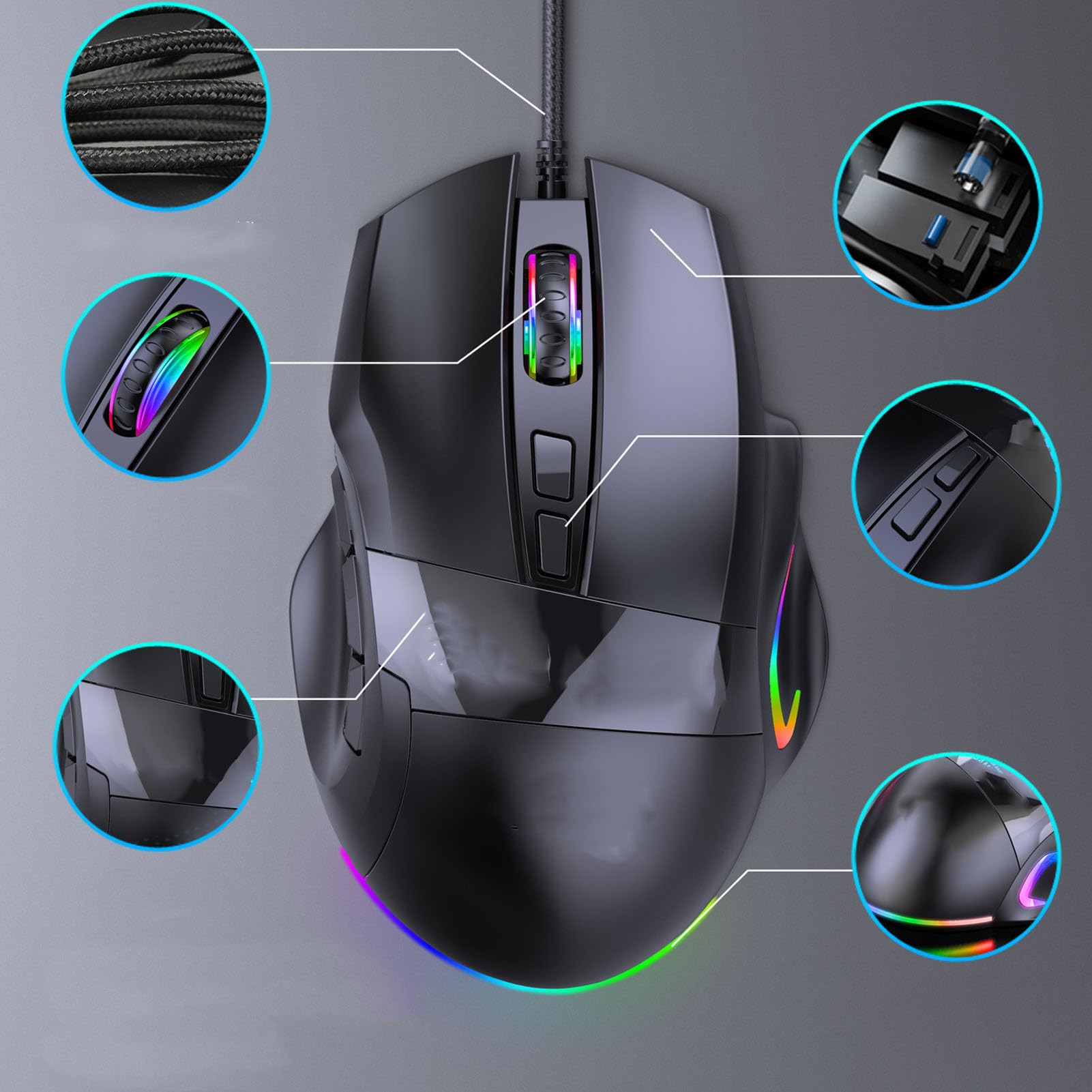 Ciciglow Wired Gaming Mouse with 12000DPI & RGB Backlight - USB Computer Mouse for PC, Laptop, Gaming - 9 Programmable Buttons for Office, Home & Esports | Perfect for FPS, MOBA & Work Tasks