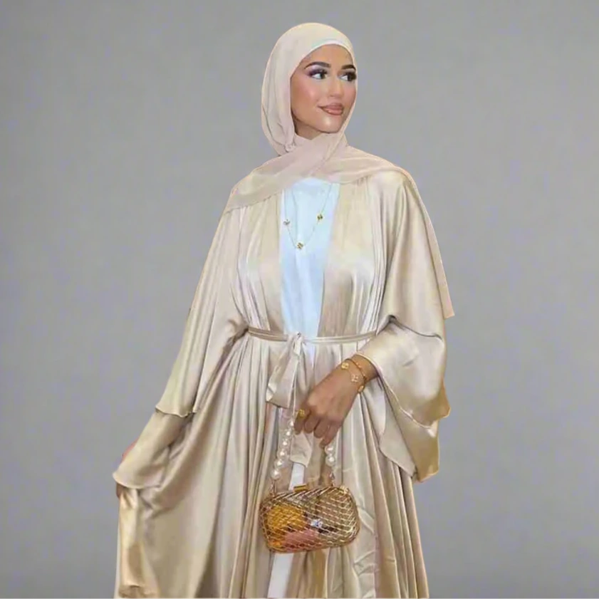 Elegant Muslim Women's Open Abaya Dress - Modest Satin Prayer Gown for Islamic Occasions & Daily Wear