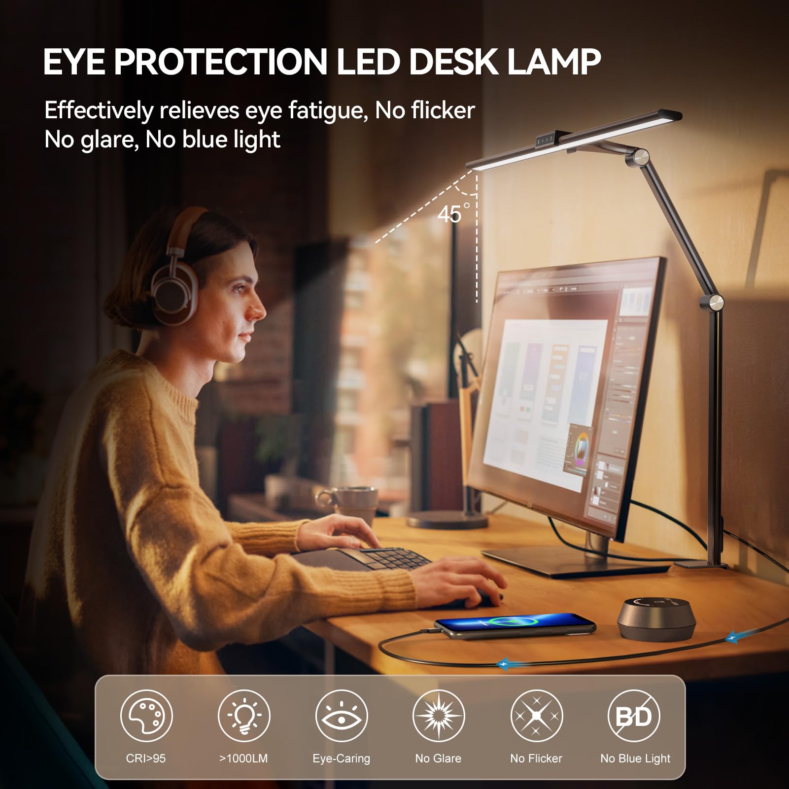 LED Desk Lamp with Clamp - 24W Eye-Caring Table Lamp with Remote Control, 7 Dimming & 5 Color Modes, Timer & USB Charging Port - Adjustable Touch Light for Home Office, Study, Reading and Work