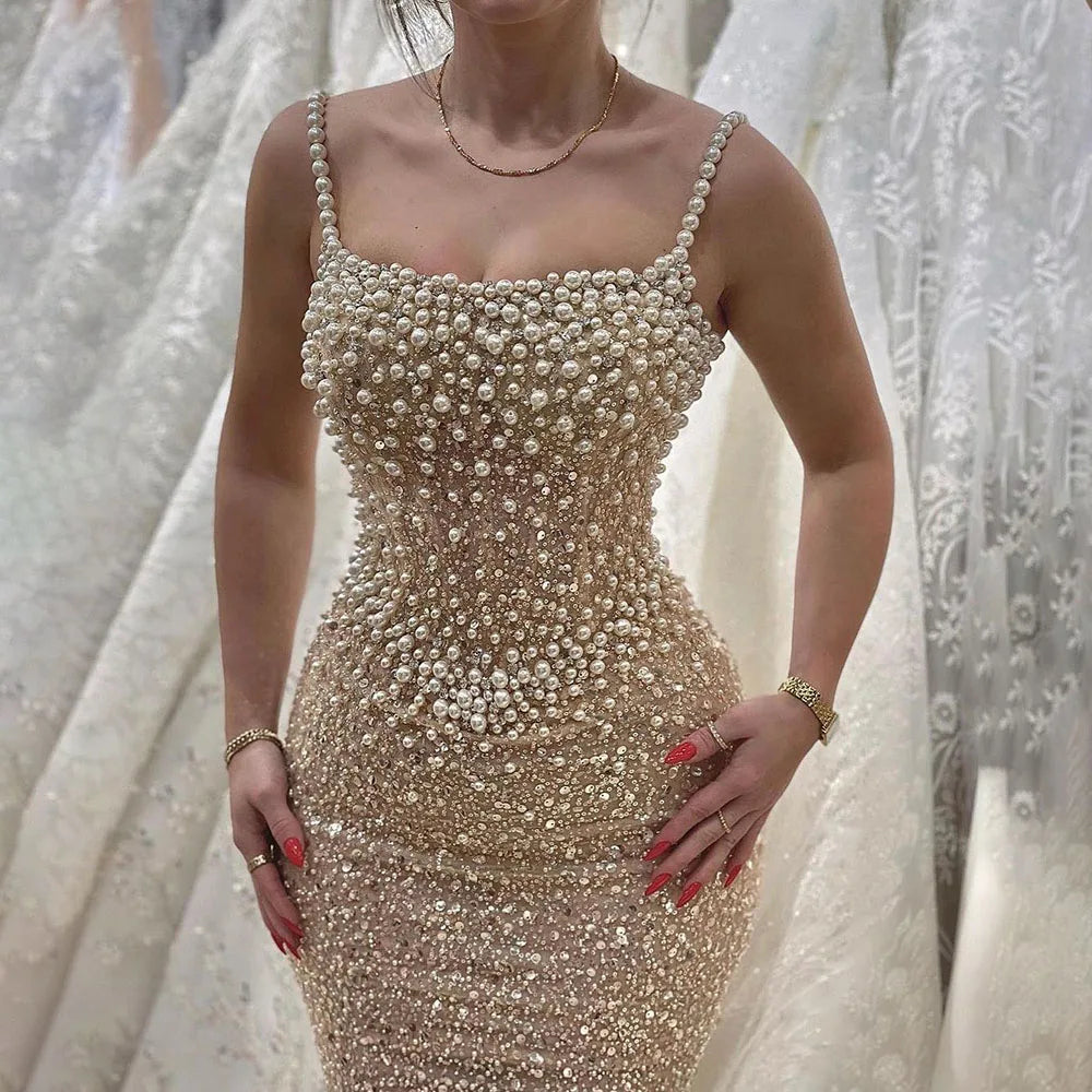 Elegant Nude Mermaid Evening Gown with Pearl Beading - Luxurious Women's Wedding Dress for Bride, Prom, Gala & Special Occasions | LA72321