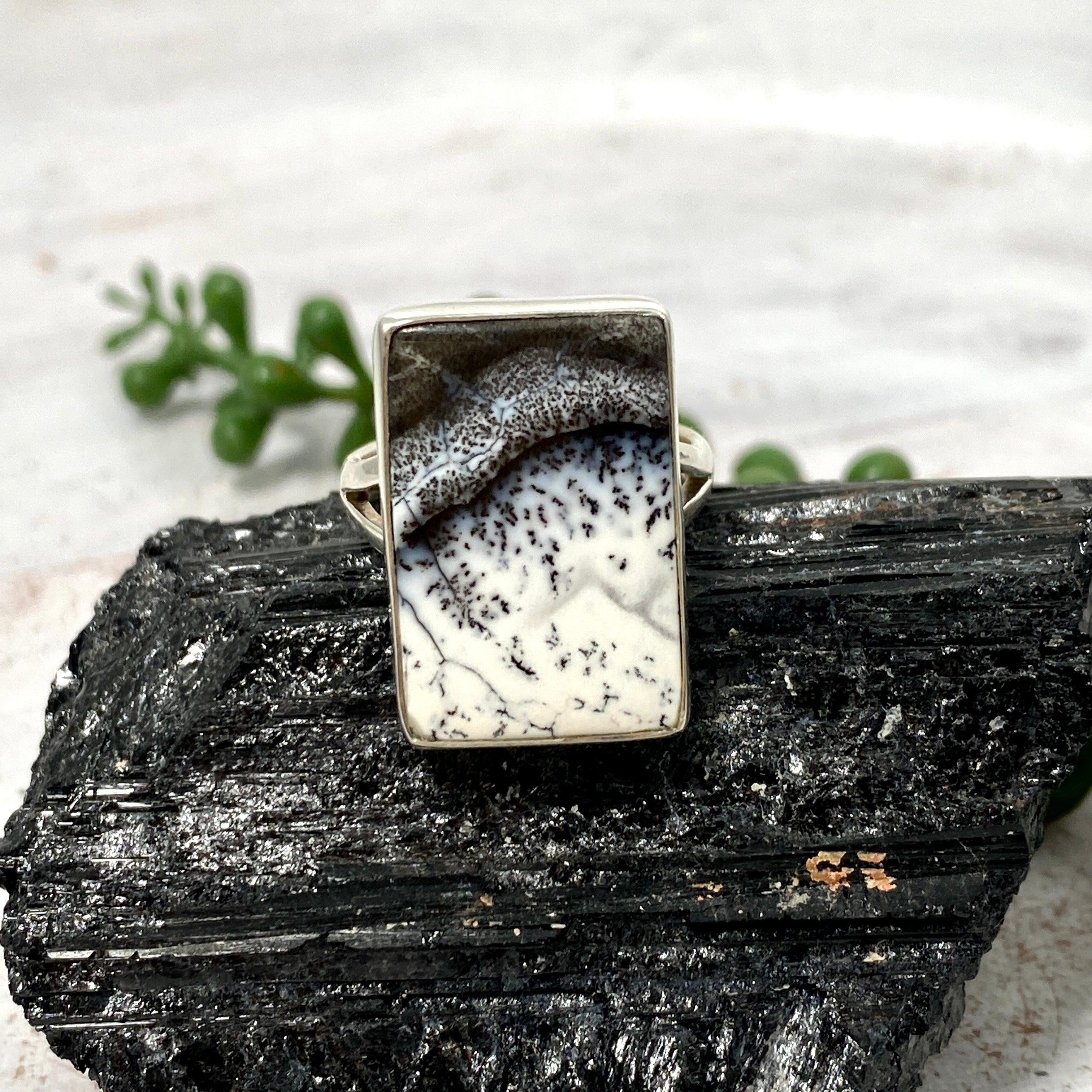 Dendritic Opal Rectangular Ring Size 9 KRGJ2293 - Elegant Handmade Jewelry for Women, Perfect for Weddings, Parties & Special Occasions