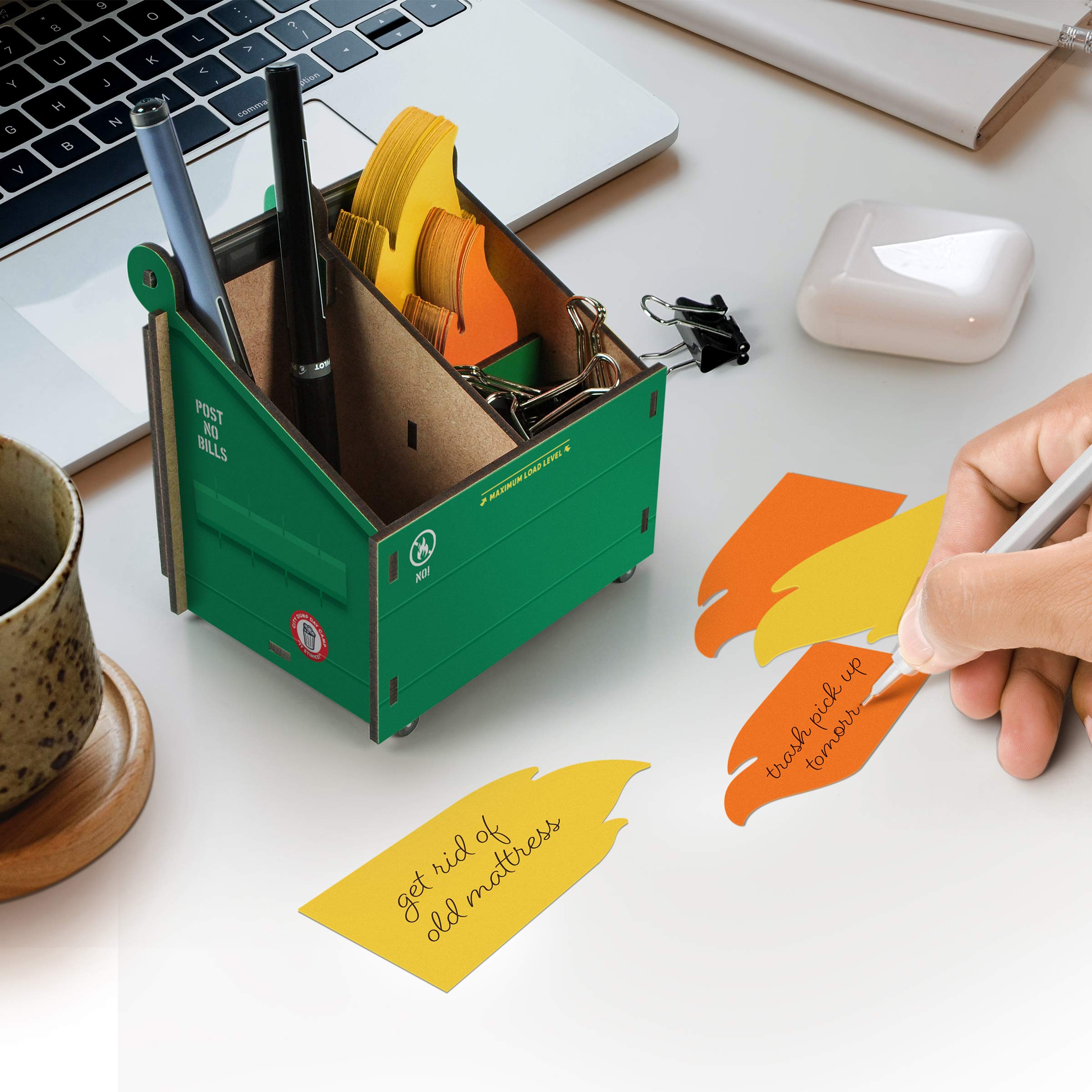 Genuine Fred DESK DUMPSTER 3-Compartment Pencil Holder with Flame Note Cards - Organize Office Supplies, Pens & Stationery for Home, School & Work Desk Organization