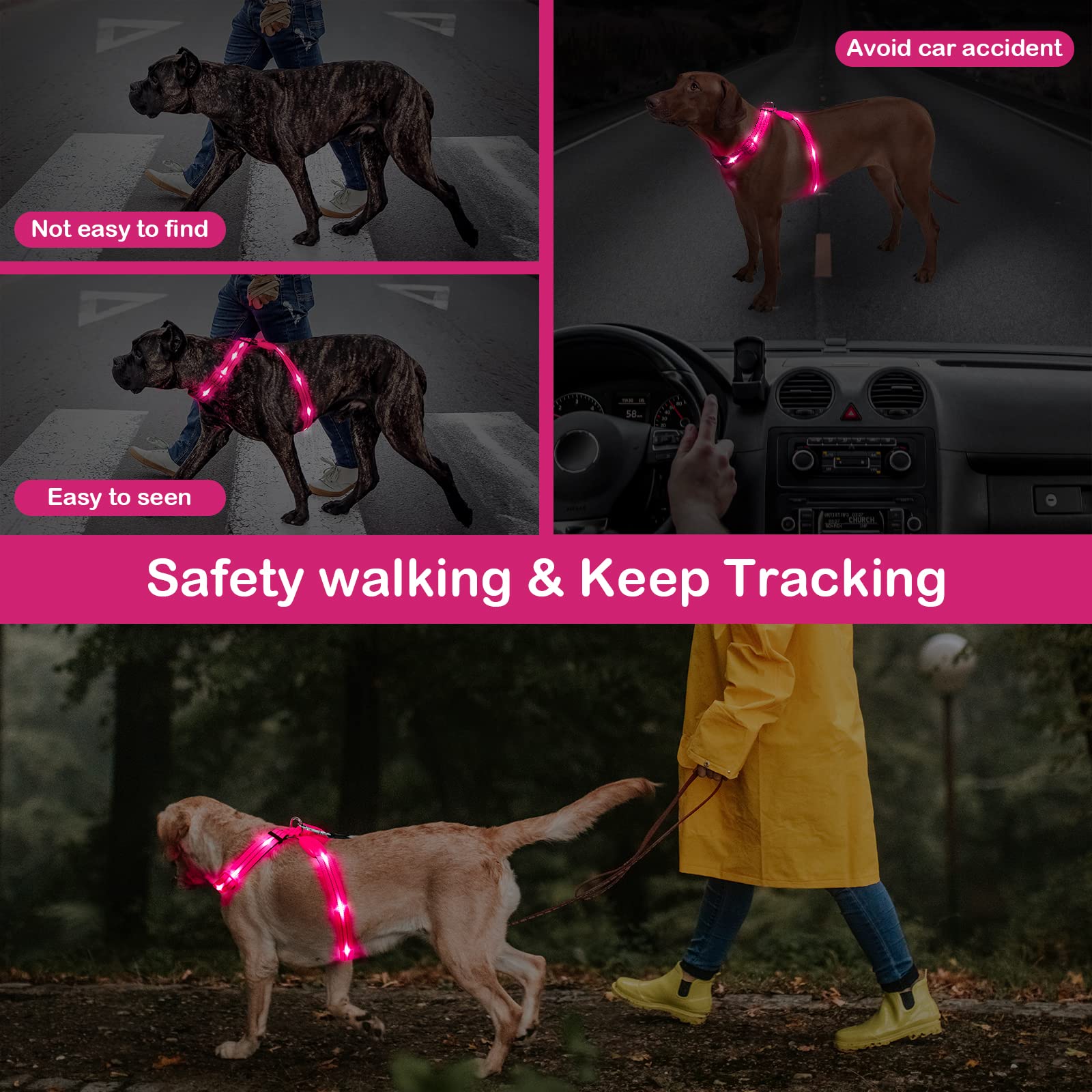 Rechargeable LED Dog Harness with Reflective Strips - Glow in The Dark Light Up Vest for Night Walking (Pink) - Perfect for Evening Walks, Jogging & Outdoor Adventures with Your Pet