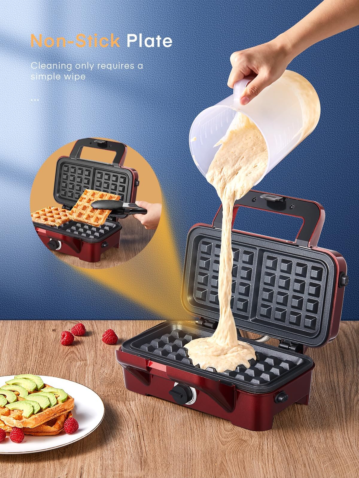 HOUSNAT 3-in-1 Sandwich Maker & Waffle Iron - 1200W Panini Press with Removable Non-Stick Plates, 5-Level Temperature Control & Indicator Lights (Red) - Perfect for Breakfast, Snacks & Family Gatherings
