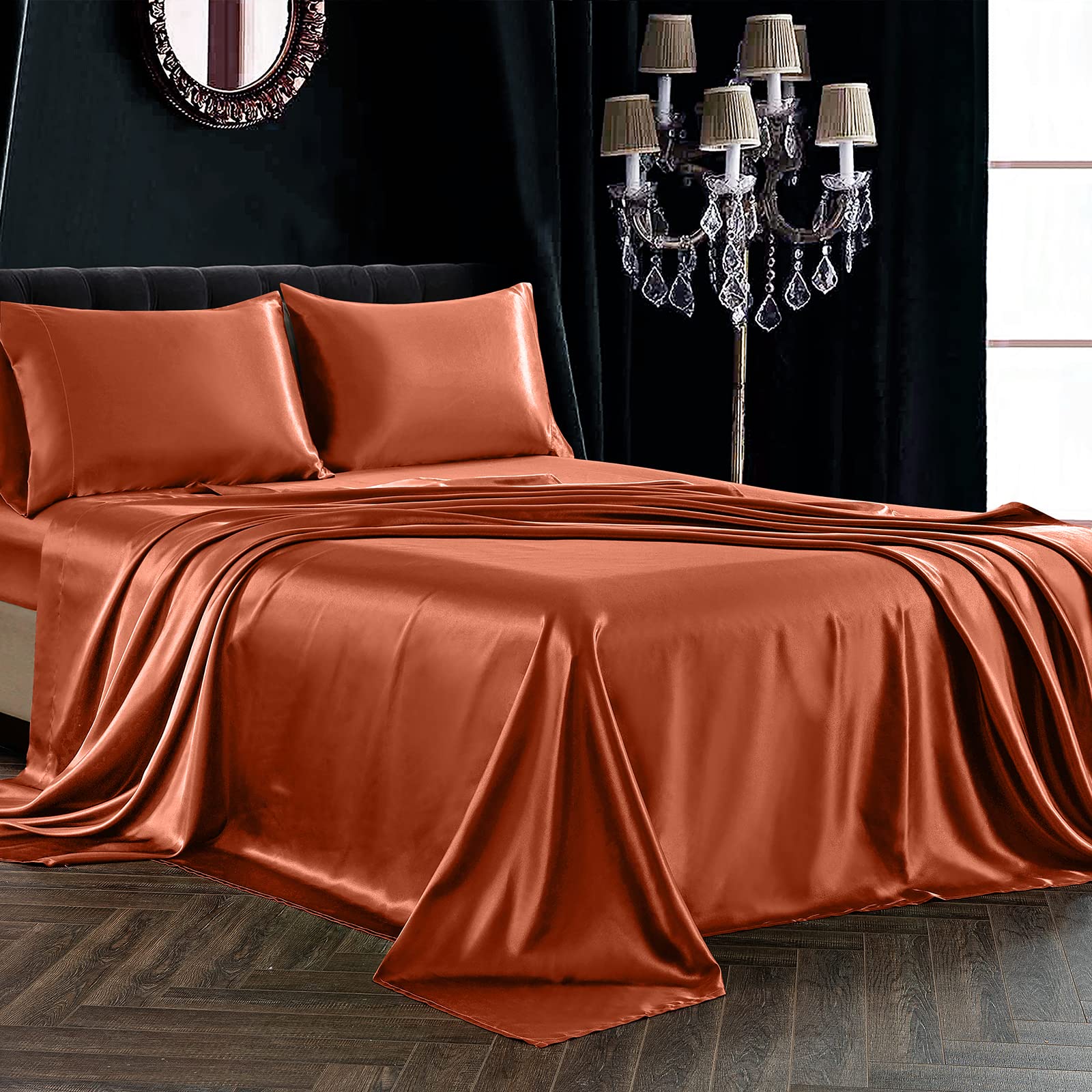 SiinvdaBZX 4-Piece Queen Size Satin Sheet Set - Ultra Silky Soft Autumn Orange Bedding with Deep Pockets (1 Fitted Sheet, 1 Flat Sheet, 2 Pillowcases with Envelope Closure) - Luxury Bed Sheets for Master Bedroom, Guest Room & Hotel Use