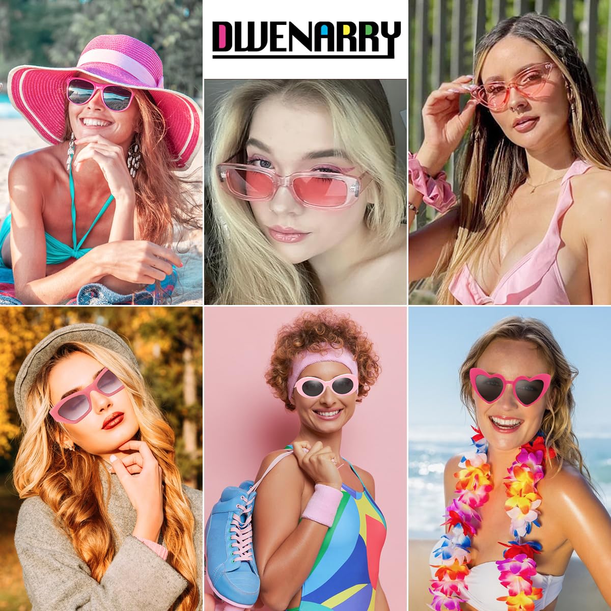 Dwenarry 8/12 Pack Pink Rectangle Sunglasses Bulk - 90s Trendy Heart-Shaped Transparent Sunglasses for Women | Perfect for Parties, Beach Outings, and Summer Fashion Accessories