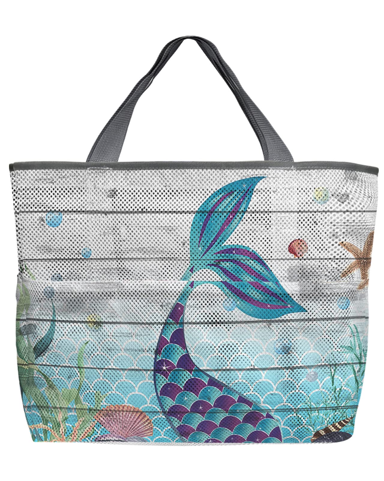 60L Large Mesh Beach Tote Bag with Pockets - Ocean Mermaid Tail Design, Oversized Lightweight Swim Bag for Beach, Pool & Grocery Storage - 24x18x8 Inches - Perfect for Summer Vacations, Water Sports & Shopping Trips