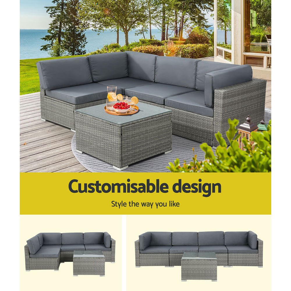 5-Piece Noosa Outdoor Wicker Patio Furniture Set - Grey Rattan Sofa Set for Backyard, Poolside & Garden Relaxation