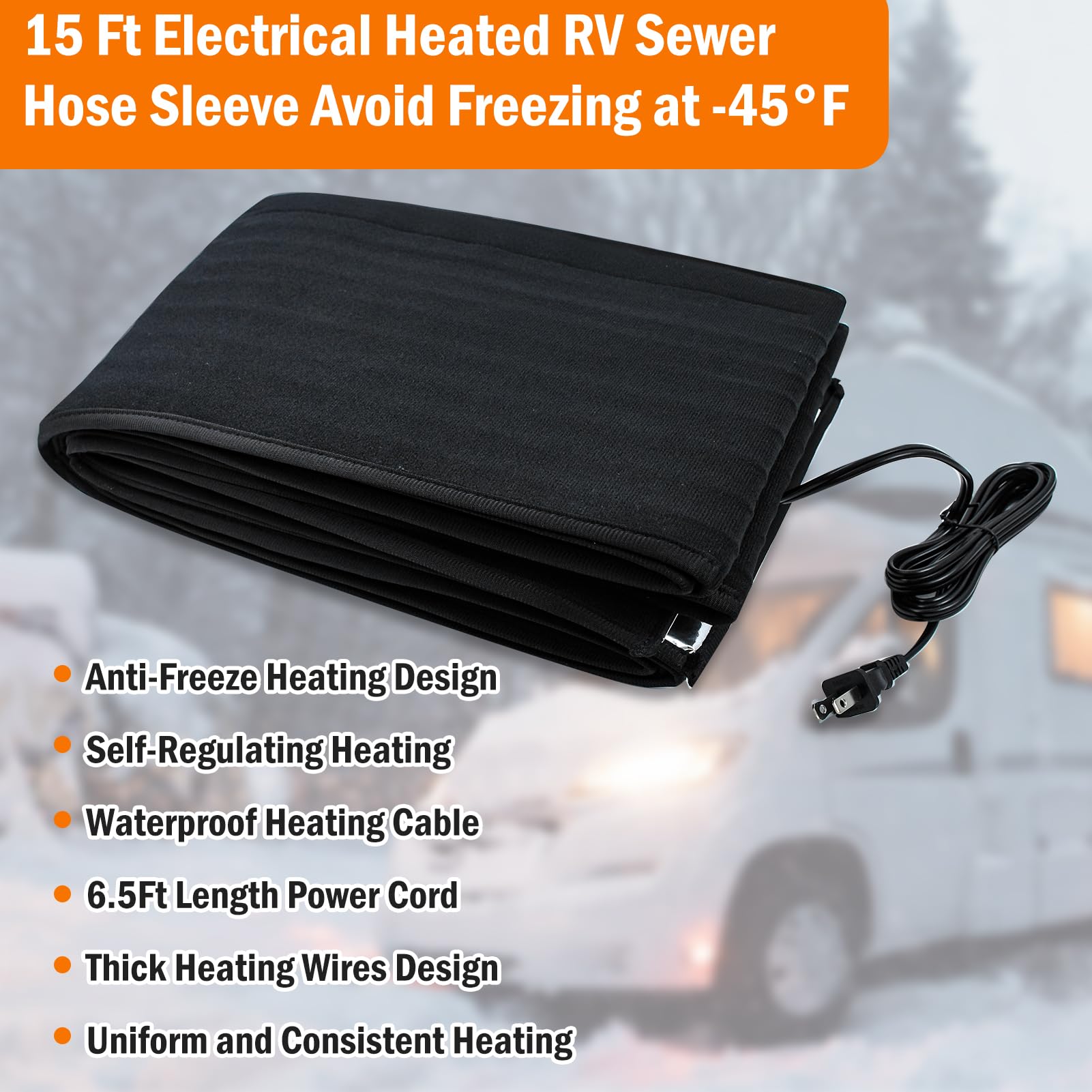 15Ft Heated RV Sewer Hose Cover - Insulated Winter Heating System for RV Campers