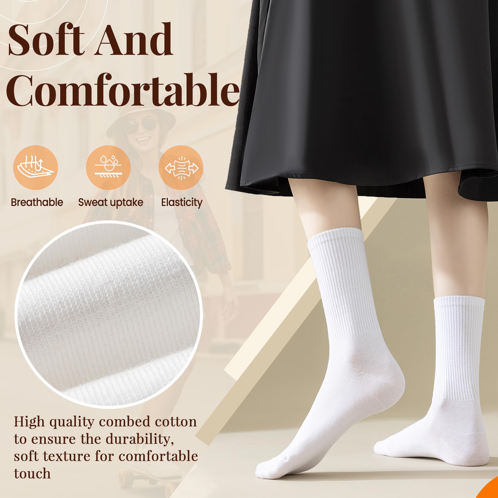 Velice Women's White Crew Socks - 6 Pairs Soft Cotton Thin Casual Calf Socks for Everyday Wear, Workout & Office Use