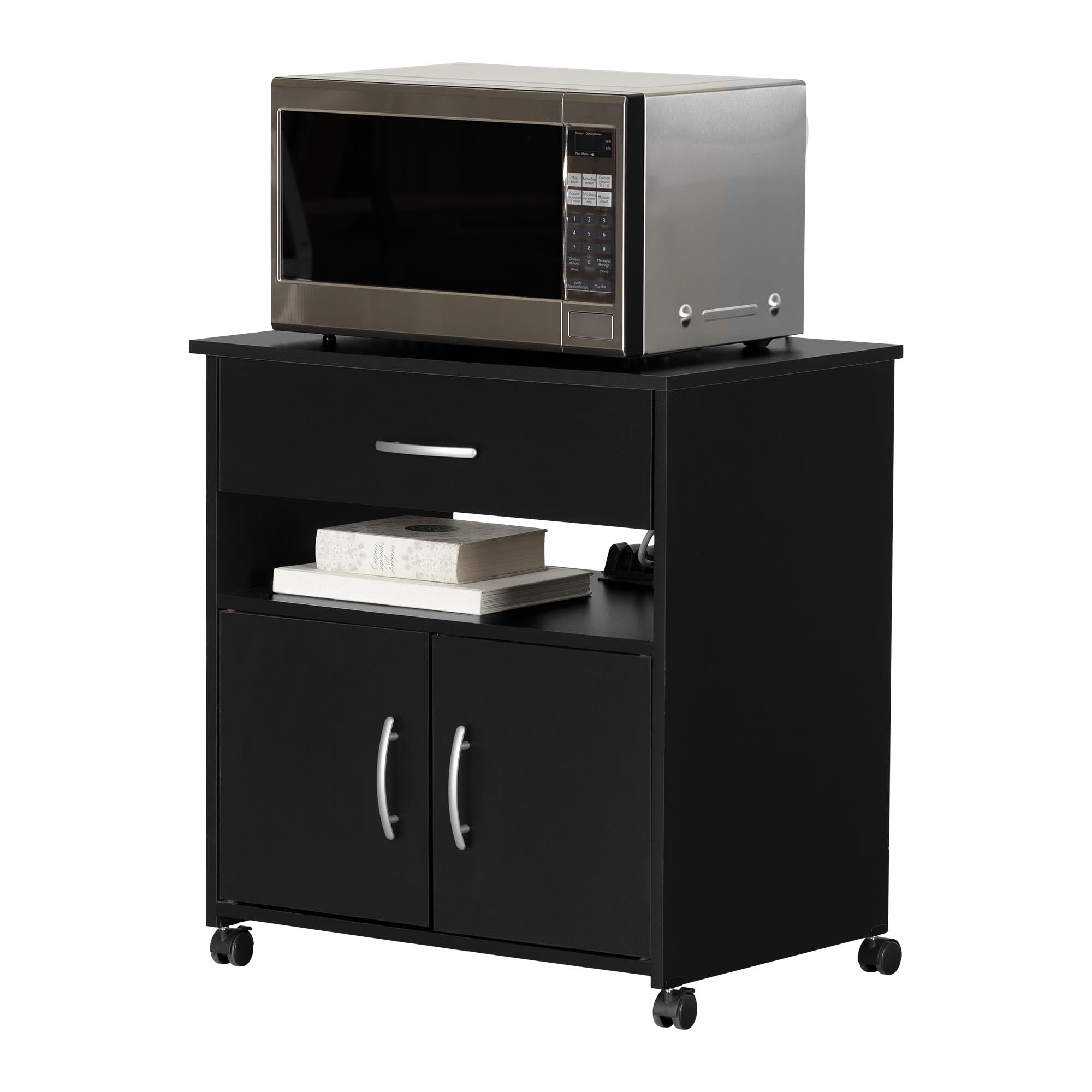 South Shore Axess Microwave Cart on Wheels - Pure Black - Compact Rolling Kitchen Cart for Small Spaces, Dorm Rooms & Apartments - Perfect for Microwaves, Coffee Makers & Small Appliances