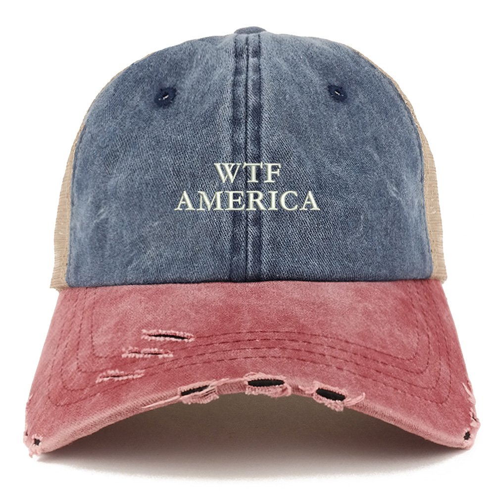 Trendy WTF America Embroidered Distressed Trucker Hat with Mesh Back - Perfect for Streetwear, Casual Outfits & Festival Fashion