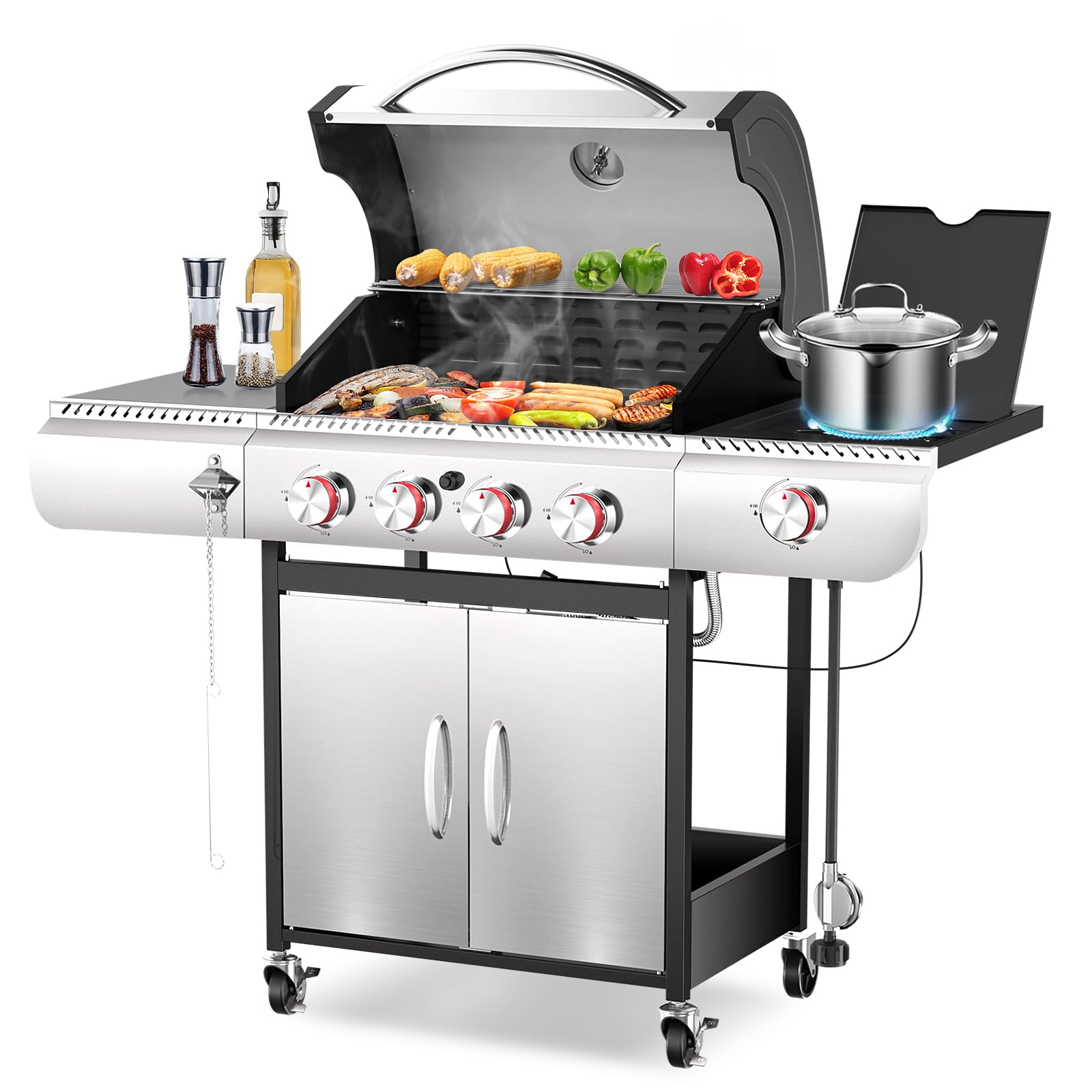 R.W.FLAME 4-Burner Propane Gas Griddle Grill Combo - 42,000 BTU, 561 sq.in Cooking Surface with Porcelain-Enameled Cast Iron Grates & Griddle Plate - Includes Side Burner for Outdoor BBQ, Backyard Parties, Camping & Tailgating - Silver Patio Grill for Garden, Deck & Picnic Use