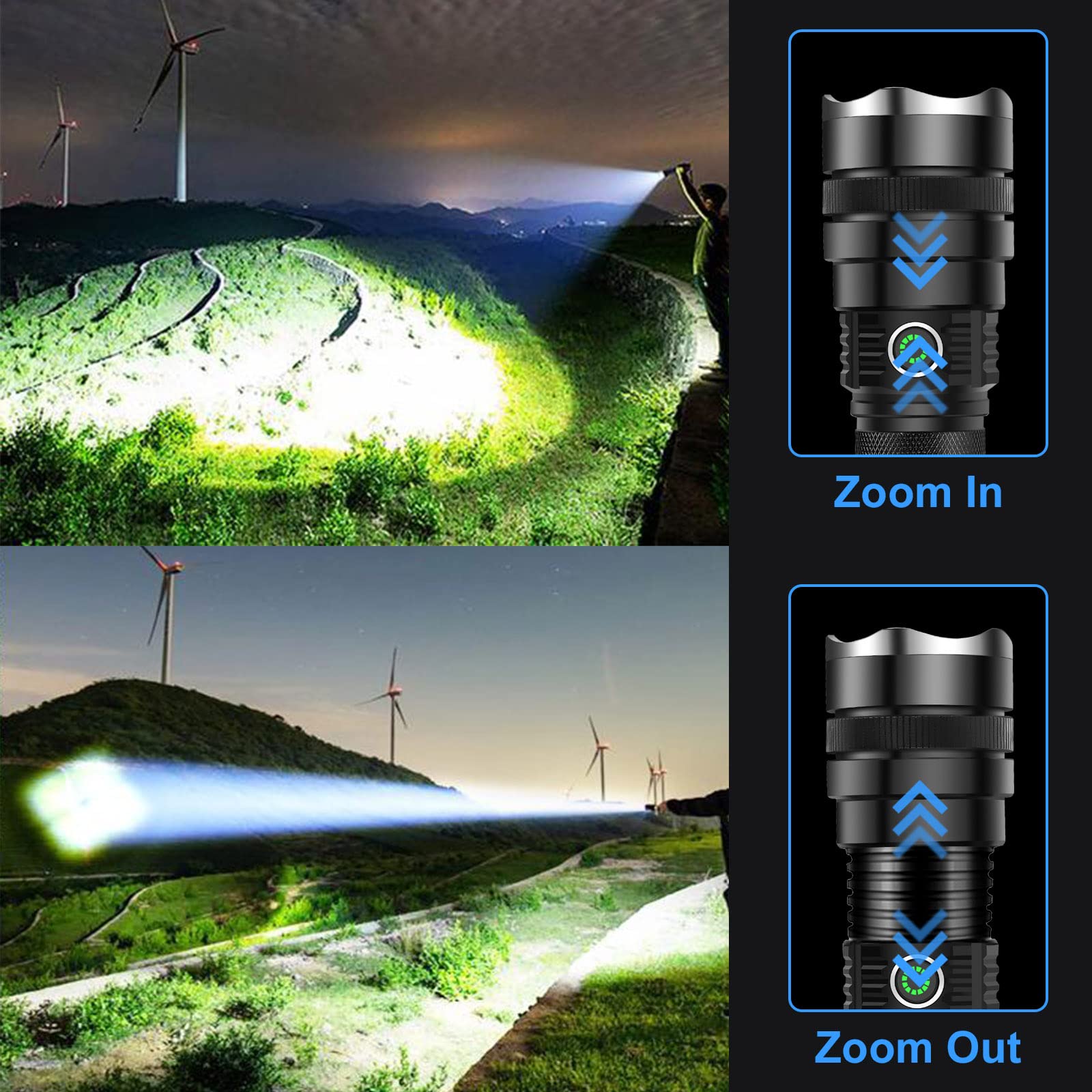 BengMxj 900,000 Lumens Rechargeable Tactical Flashlight - Super Bright Zoomable LED Flashlight with 5 Modes, IPX4 Waterproof - Perfect for Camping, Hiking, Emergency Preparedness, Home Security & Power Outages