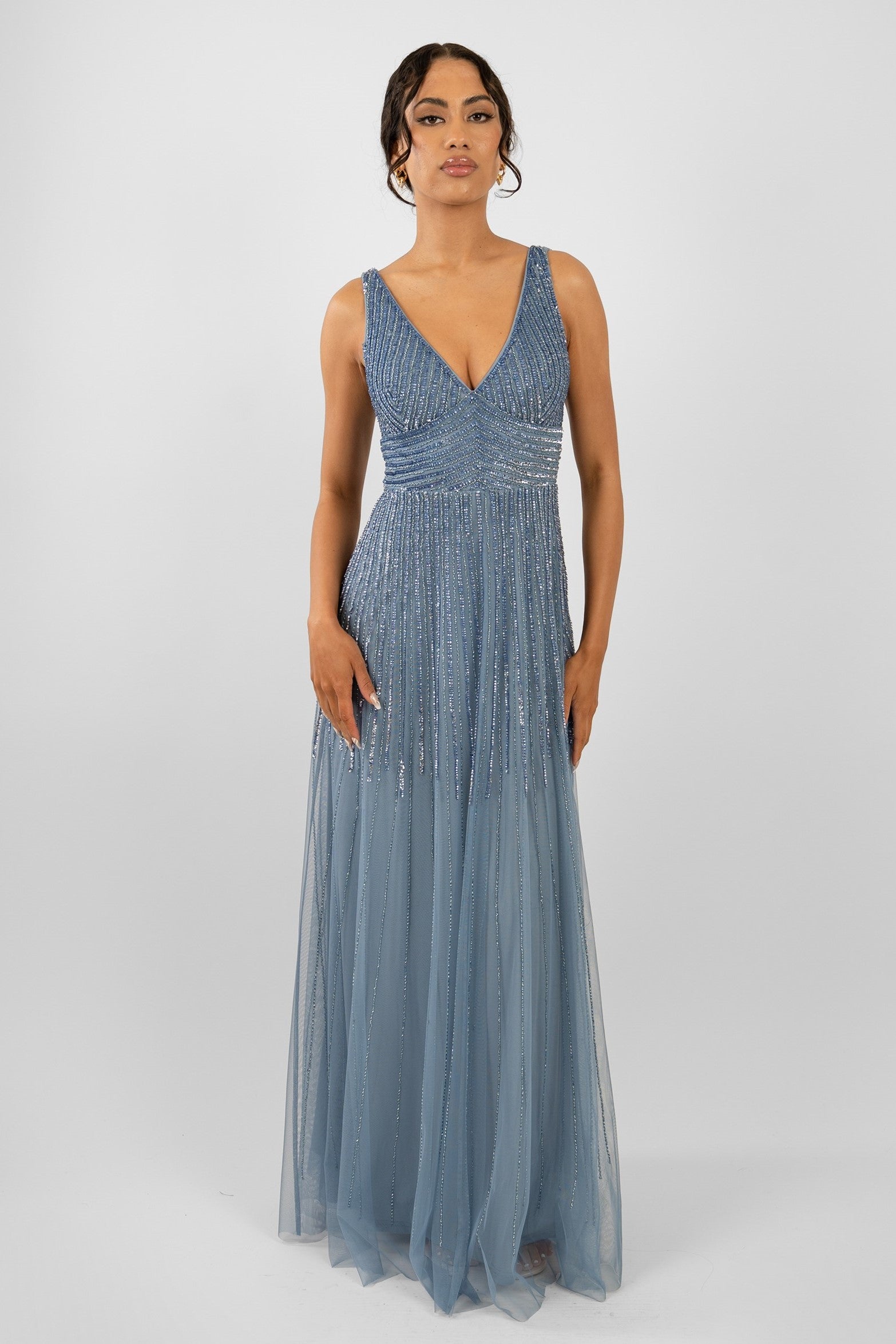 Lorelai Dusty Blue Embellished Maxi Dress for Women - Elegant Long Formal Gown with Beaded Details for Weddings, Parties & Special Occasions