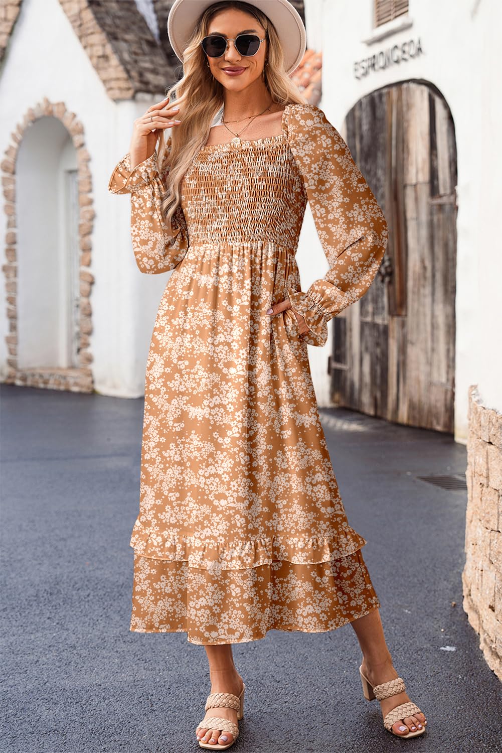 Dokotoo Women's Floral Maxi Dress with Square Neck, Long Sleeves & Smocked Waist - Casual Spring Tiered Ruffle Hem Dress for Outdoor Events, Date Nights & Vacation Wear