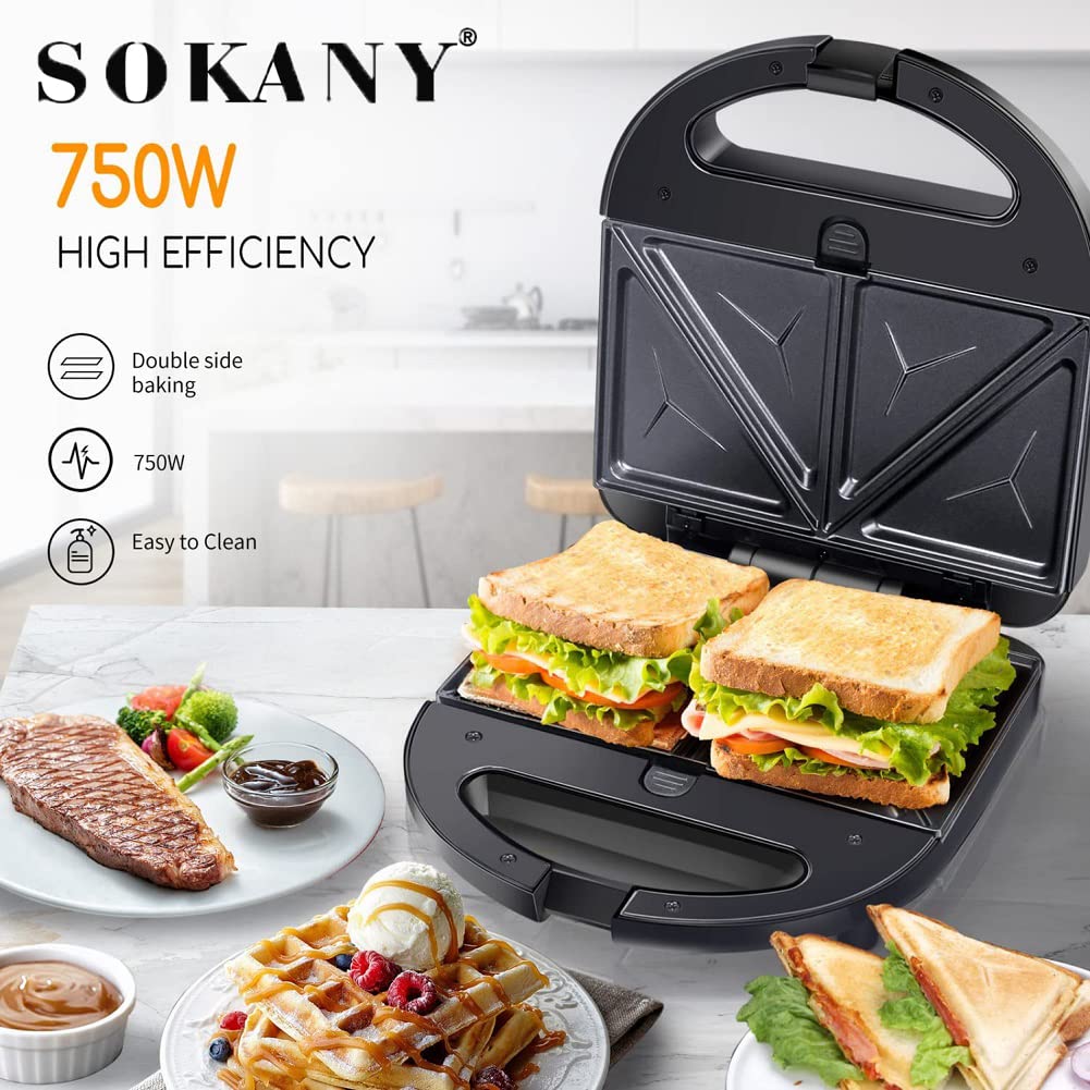 SOKANY 6-in-1 Multi-Function Sandwich Maker & Waffle Iron - 750W Electric Grill with Non-Stick Plates (Panini Press, Donut Maker, Double-Sided Cooking) - Perfect for Breakfast, Snacks & Party Food Preparation