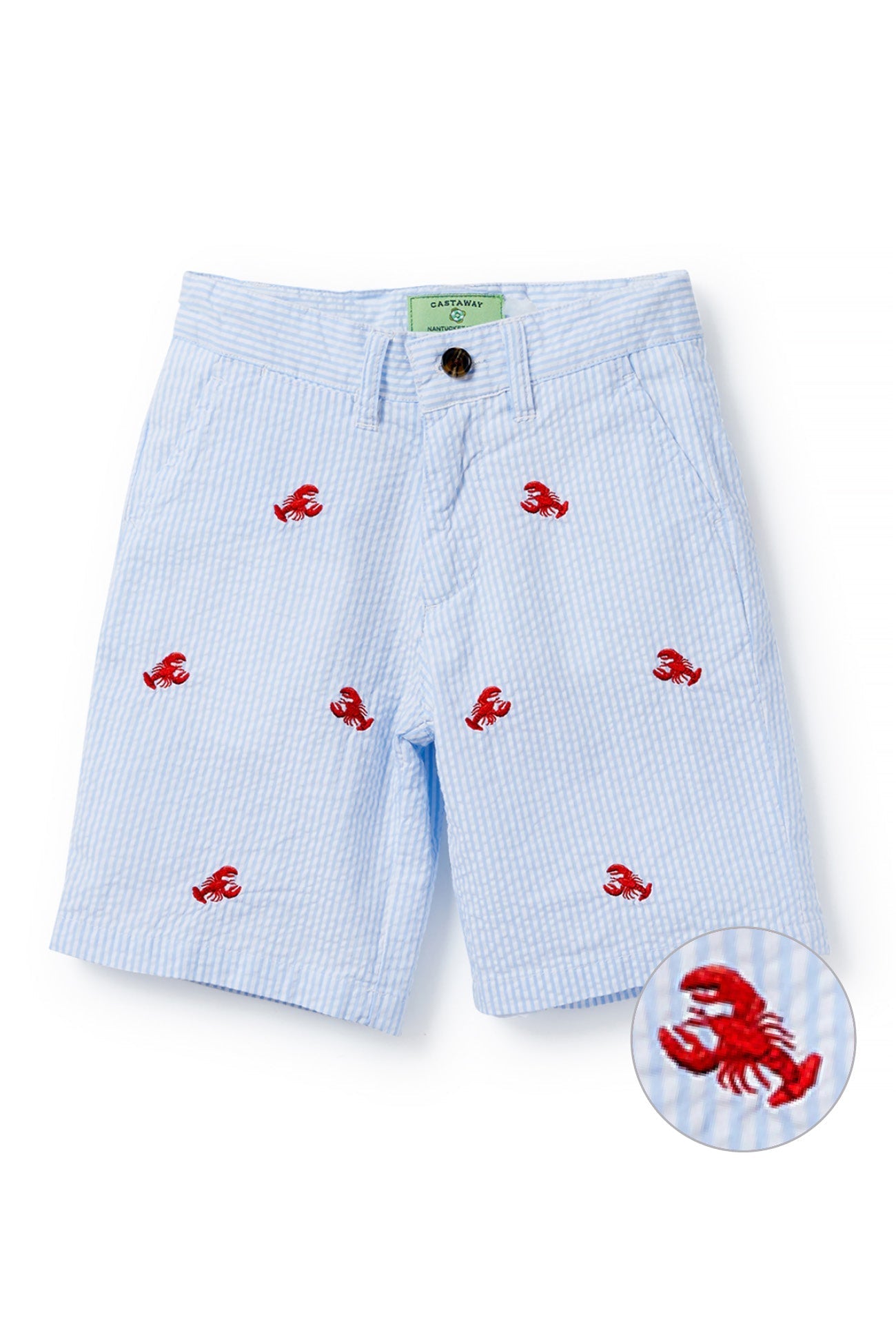 Jetties Short Blue Seersucker with Lobster Print - Stylish Casual Summer Shorts for Men | Perfect for Beach, Vacation & Outdoor Activities