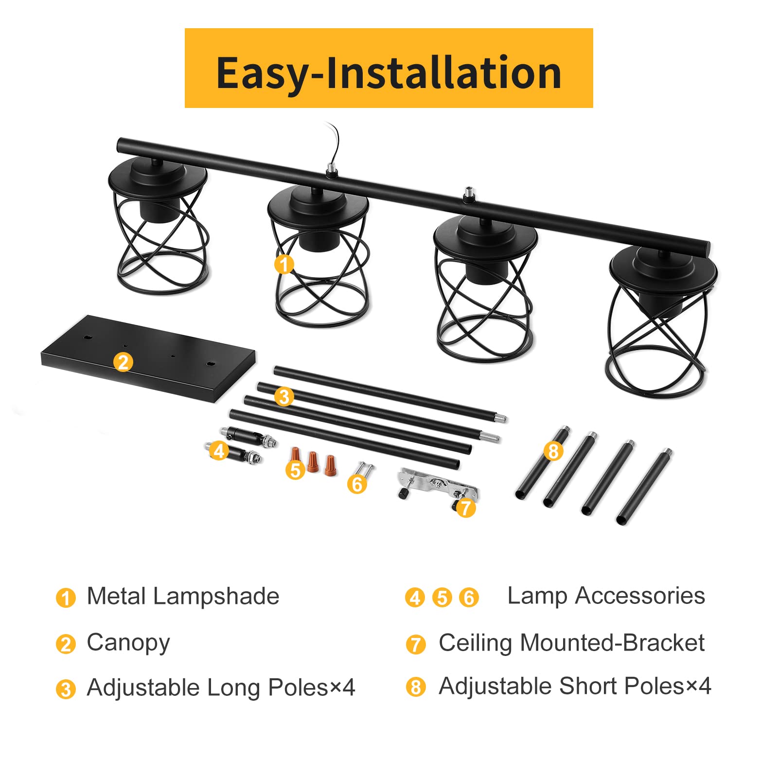 Farmhouse Linear Pendant Light - 4-Light Adjustable Kitchen Island Lighting Fixture, Black Metal Hanging Chandelier for Dining Room, Living Room & Breakfast Nook | Perfect for Modern Farmhouse, Industrial & Rustic Home Decor