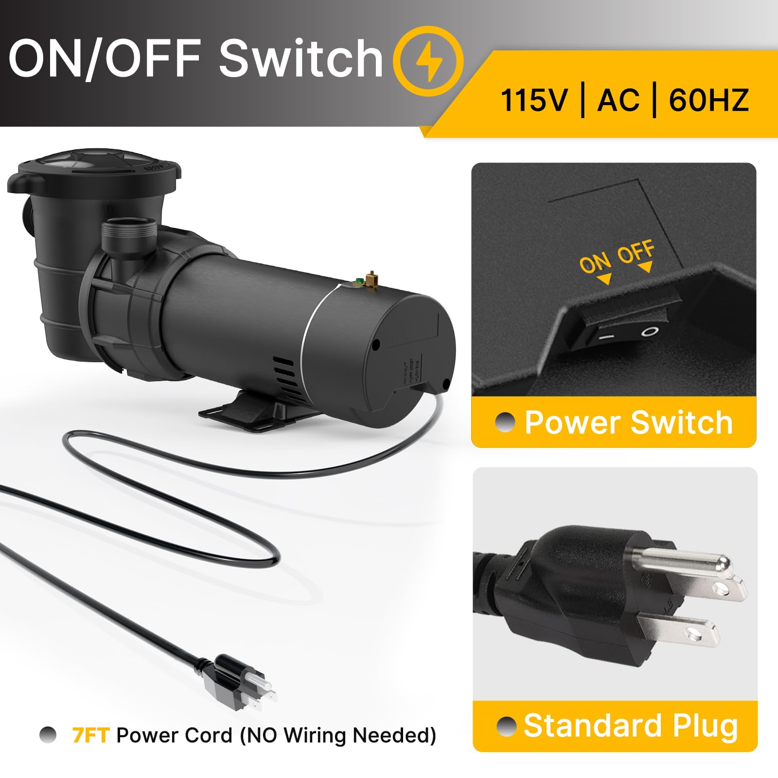 2 HP High-Efficiency Pool Pump | 4800GPH Flow Rate | Energy Star Certified | ON/OFF Switch | 1-1.25