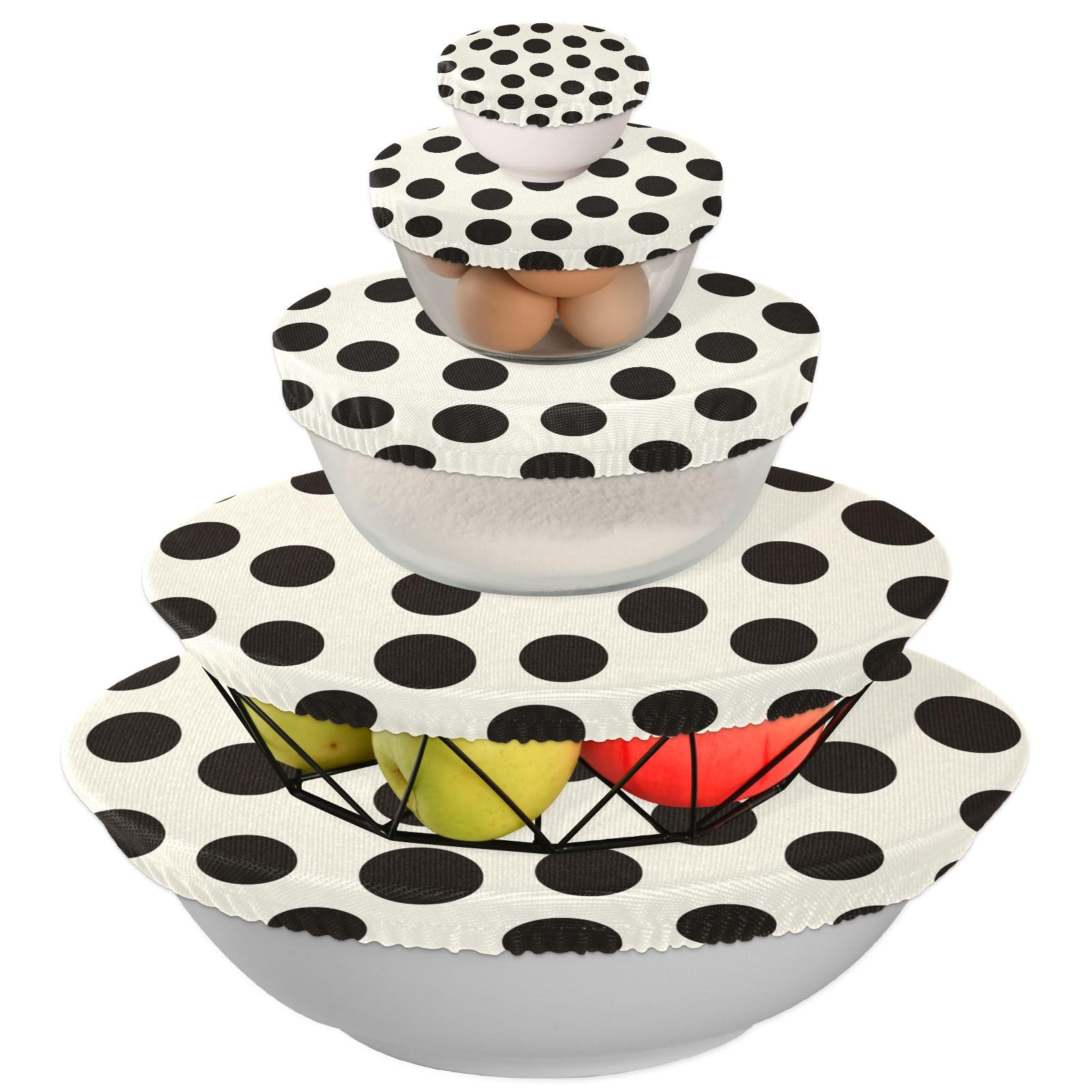 5-Pack Reusable Elastic Bowl Covers - Stretchable Fabric Food Storage Lids for Kitchen (5 Sizes, Black & White Dots) - Perfect for Fruits, Dough, Leftovers, Bread Proofing & Meal Prep