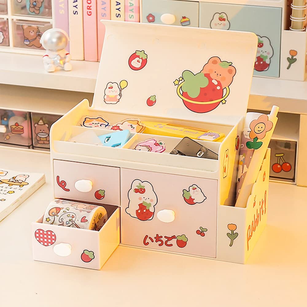 Kawaii Pink Desk Organizer with Drawers for Girls - Multi-Functional Study Storage Box for Stationery, Pens & Accessories - Perfect for Kids Bedroom, Dorm Room & Office Workspace Organization