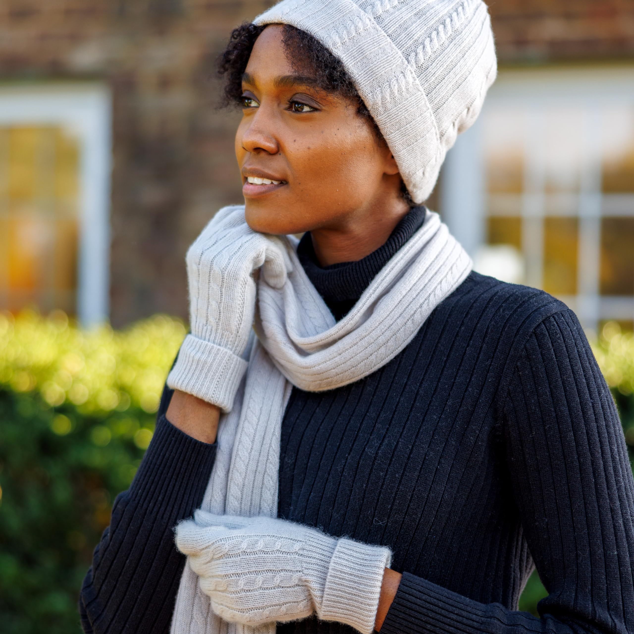 Fishers Finery Women's Pure Cashmere Cable Knit Hat, Gloves & Scarf Set - Winter Warm Accessories Gift Box - Perfect for Cold Weather, Skiing & Holiday Gifts