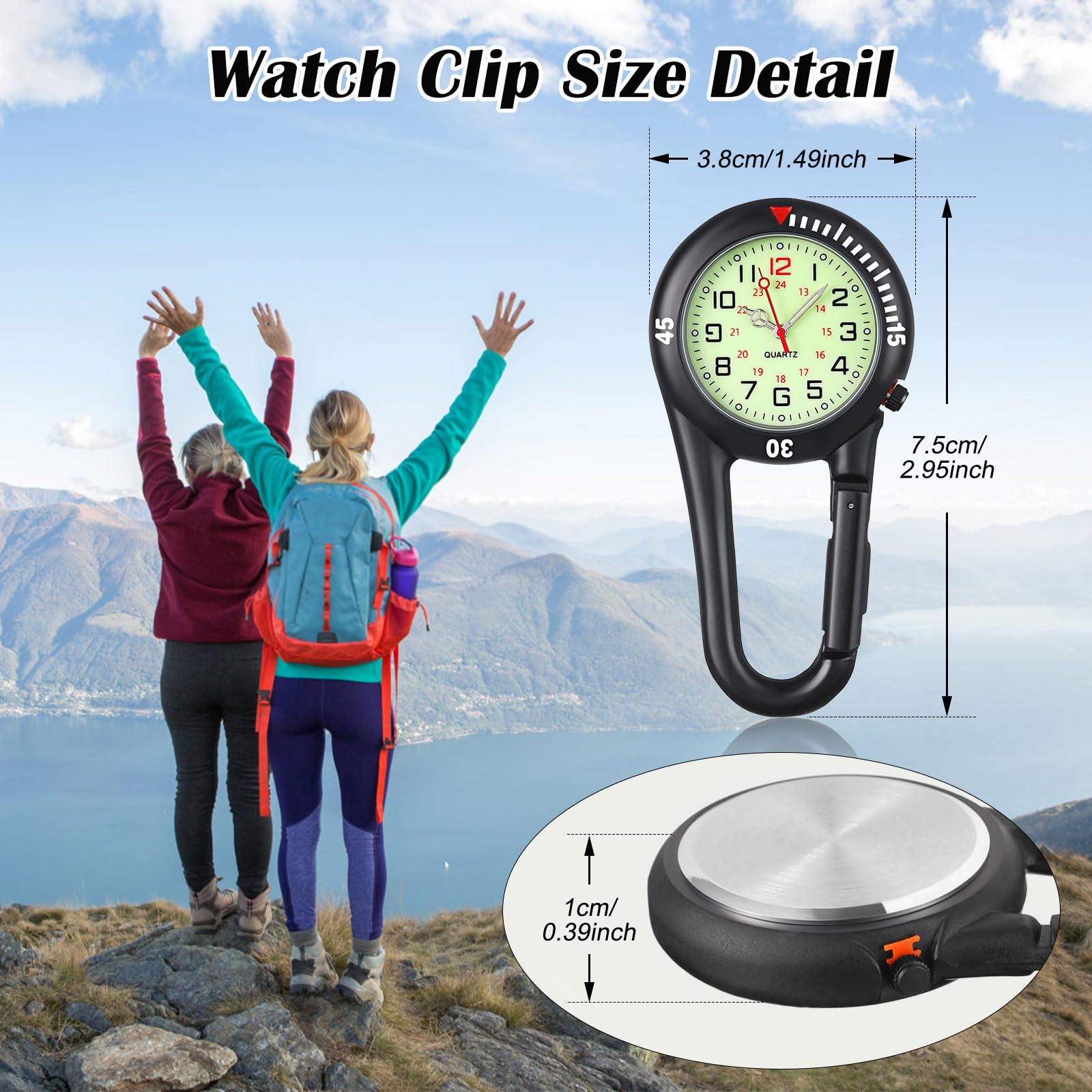 Nurse Watch Clip On Fob Watch with Carabiner - Black Quartz Dial Watch for Medical Professionals, Doctors, Nurses & Paramedics - Perfect for Healthcare Workers, Chefs & Outdoor Activities
