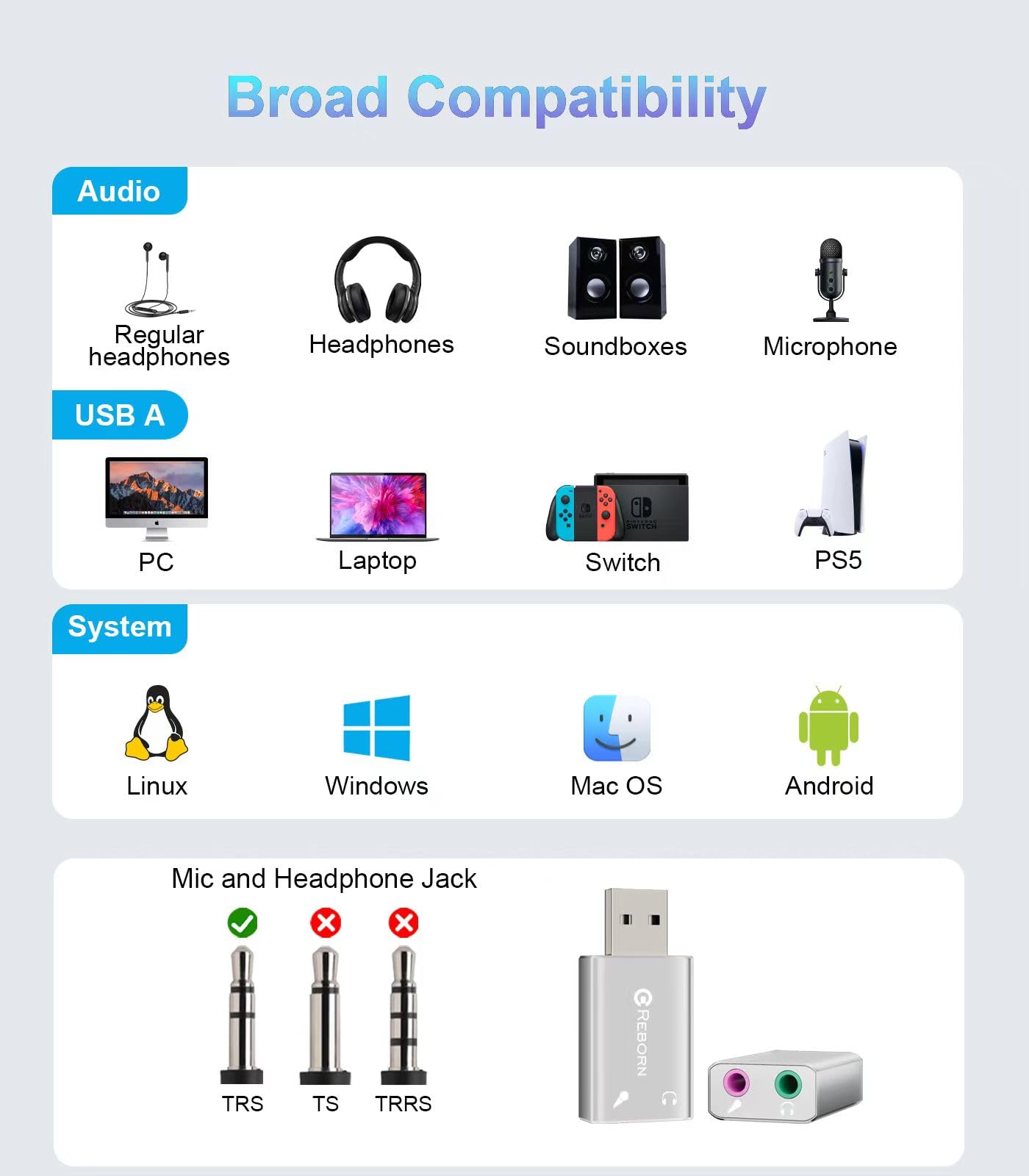 Reborn USB External Stereo Sound Audio Adapter with 3.5mm Universal Jack (Headphone/Microphone) - Plug & Play for Windows, Mac, Linux, PC Laptops - Alloy Construction - 1 Pack - Perfect for Gaming, Video Calls & Music Streaming