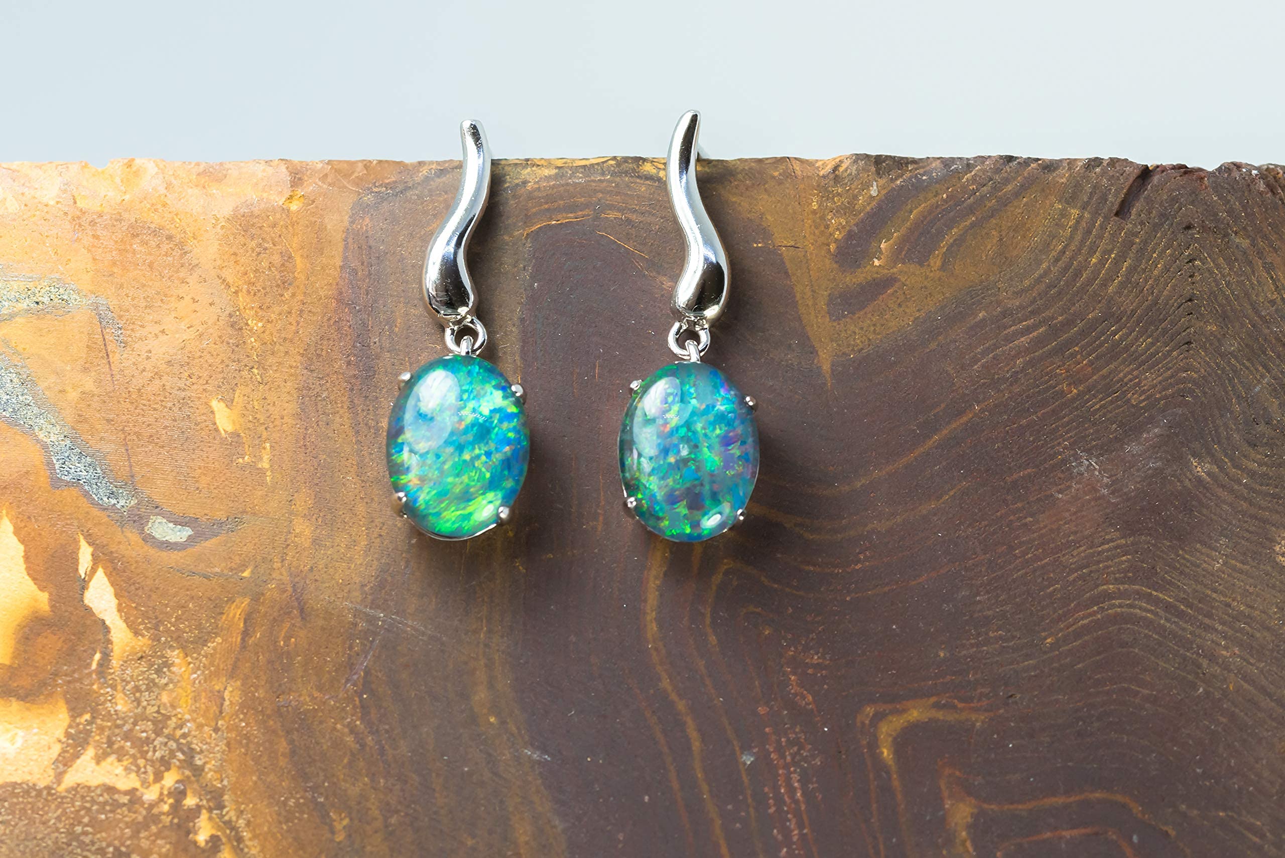 Genuine Australian Triplet Opal Earrings - Sterling Silver with White Gold Plating | Elegant Women's Jewelry for Weddings, Parties & Special Occasions