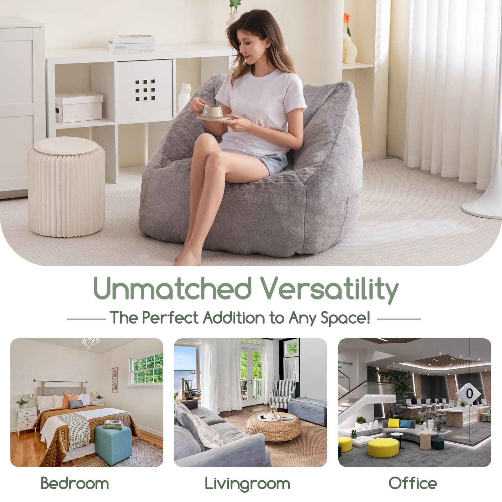 MAXYOYO Bean Bag Chair for Adults, Kids & Teens - Soft Floor Sofa with Handle for Gaming, Reading & Relaxing - Grey - Perfect for Living Room, Bedroom & Game Room