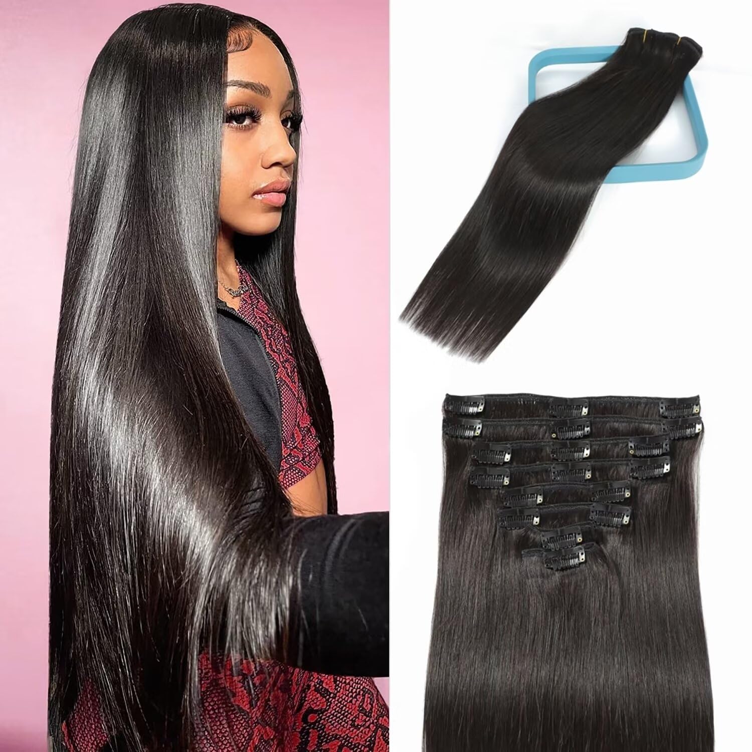 LORIEN 16 Inch Clip-in Human Hair Extensions - 100% Brazilian Remy Hair, 1B Natural Black, 90g 8-Piece Set with 18 Double Weft Clips for Volume & Length | Perfect for Parties, Weddings & Daily Styling