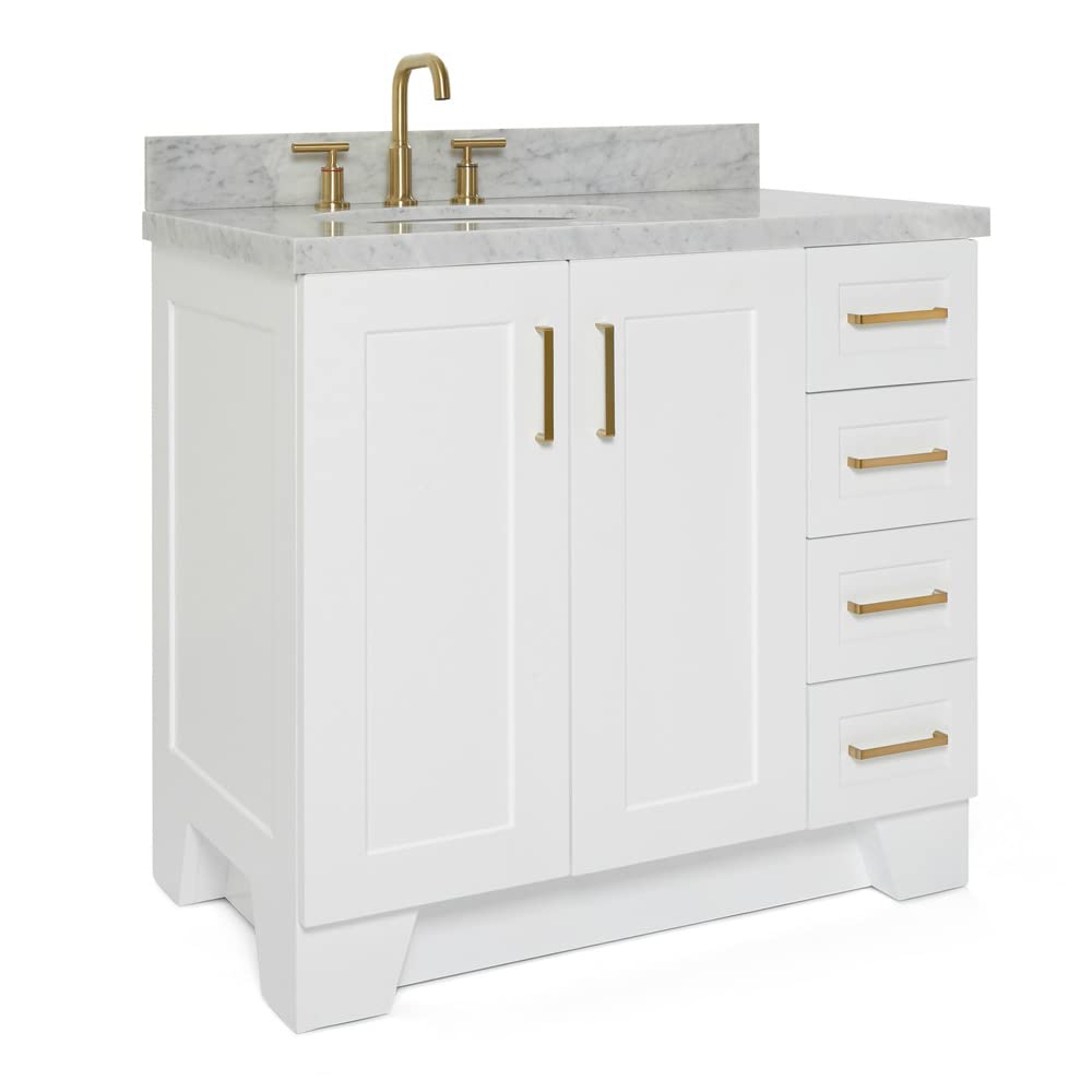 ARIEL Taylor 37 Inch White Bathroom Vanity with Sink - Solid Wood Base Cabinet, Carrara Marble Countertop, Left Rectangular Undermount Single Sink, 2 Soft Closing Doors & 5 Drawers - Perfect for Modern Bathroom Renovation, Small Space Design, and Luxury Home Upgrade