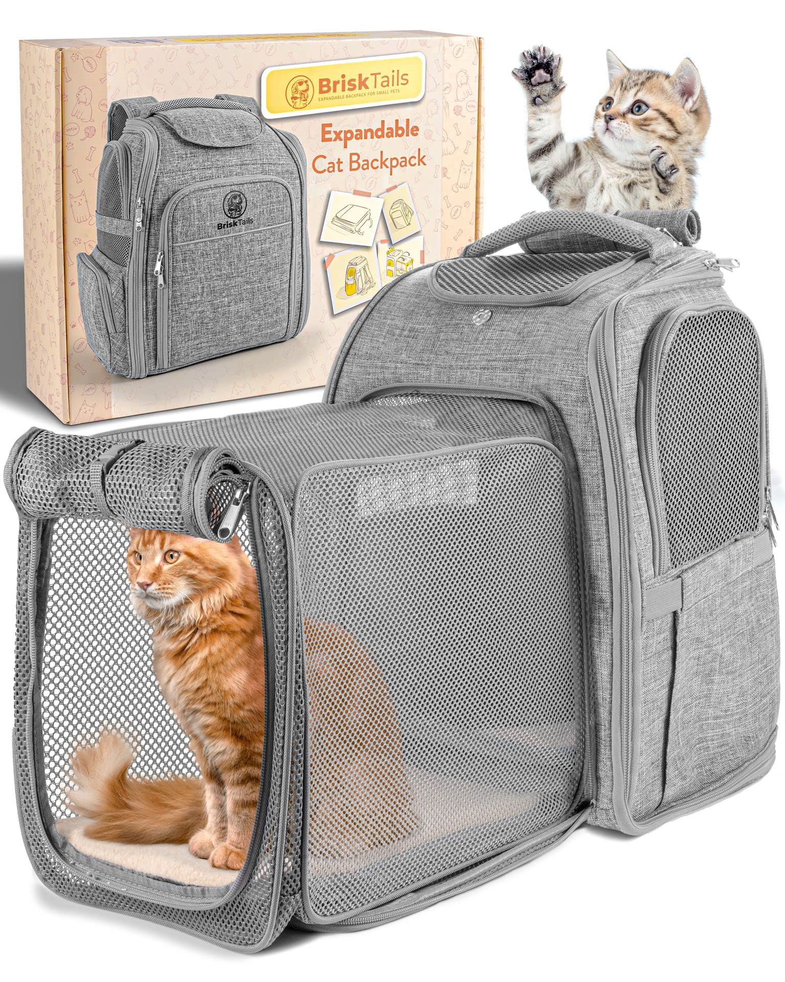 BriskTails Expandable & Breathable Cat Backpack Carrier BT-01 - Comfortable Pet Travel Backpack for Small to Medium Cats Up to 15lbs - Perfect for Hiking, Air Travel & Vet Visits