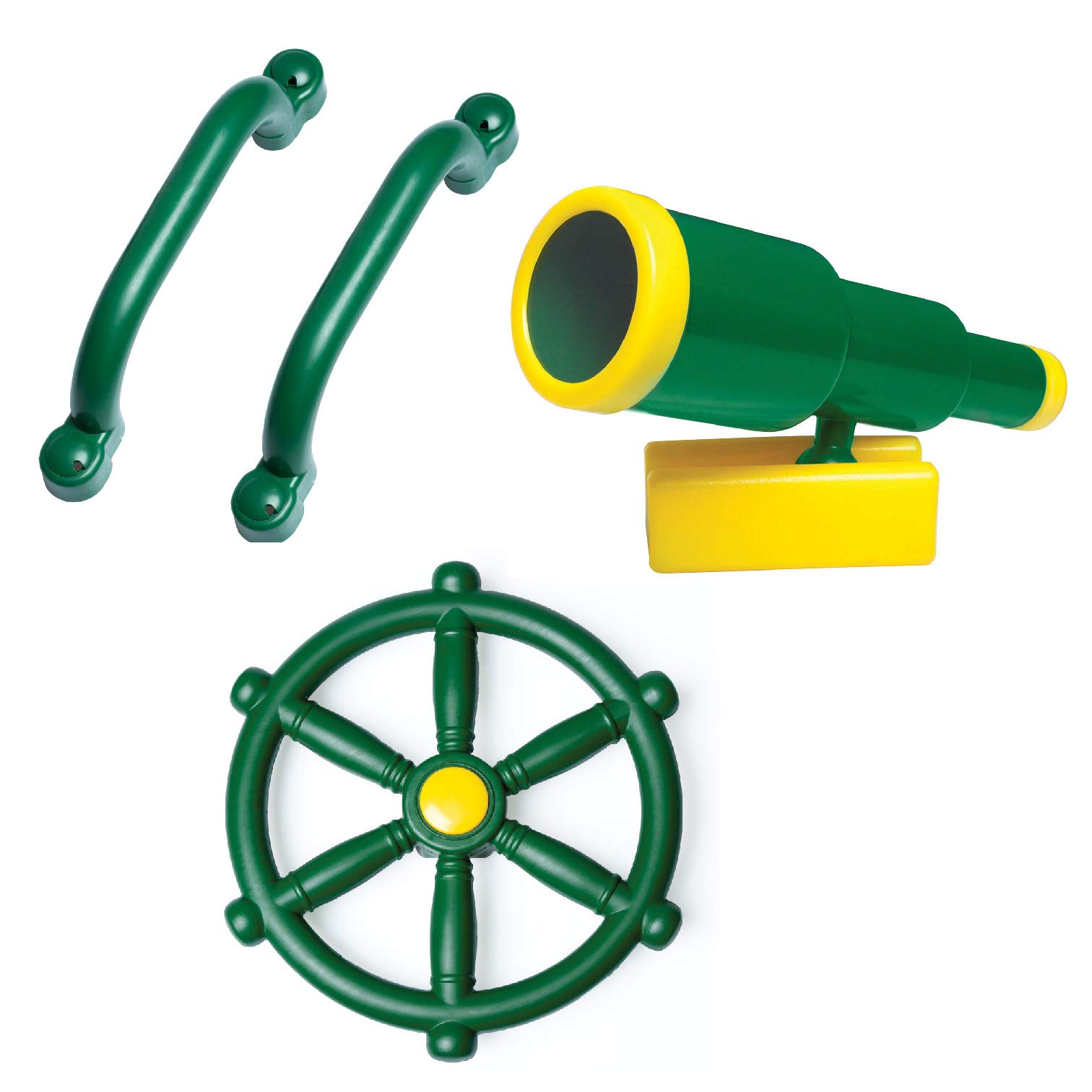 Kids Outdoor Playground Accessories - Pirate Telescope, Steering Wheel & Green Safety Handle Bars for Backyard, Playhouse, Treehouse, Jungle Gym, Swingset & Pirate Ship | Perfect for Imaginative Play & Outdoor Adventures